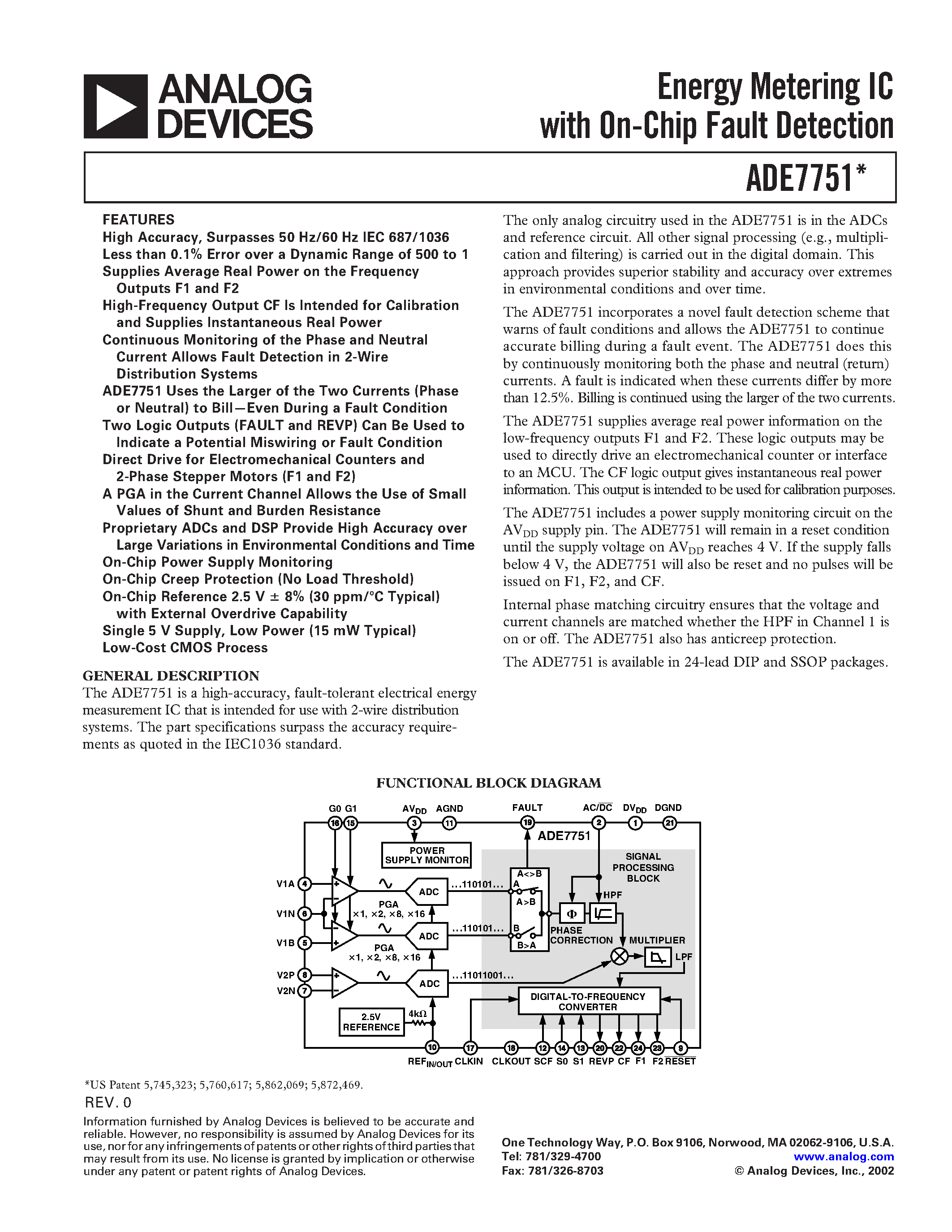 Даташит на микросхему ADE7751AN страница 1 Даташит ADE7751AN - Energy Metering IC with On-Chip Fault Detection страница 1