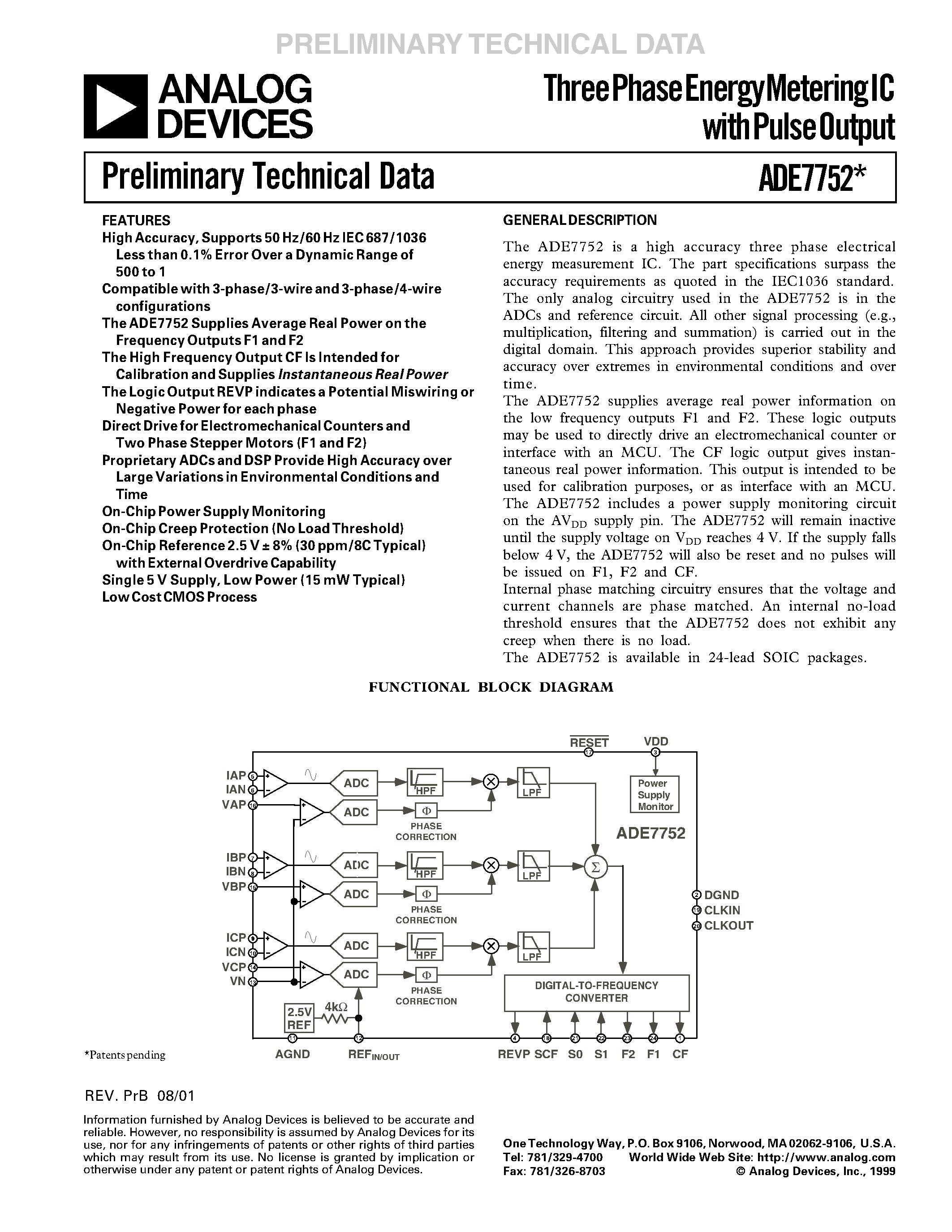 Datasheet ADE7752 page 1 Datasheet ADE7752 - Three Phase Energy Metering IC with Pulse Output page 1