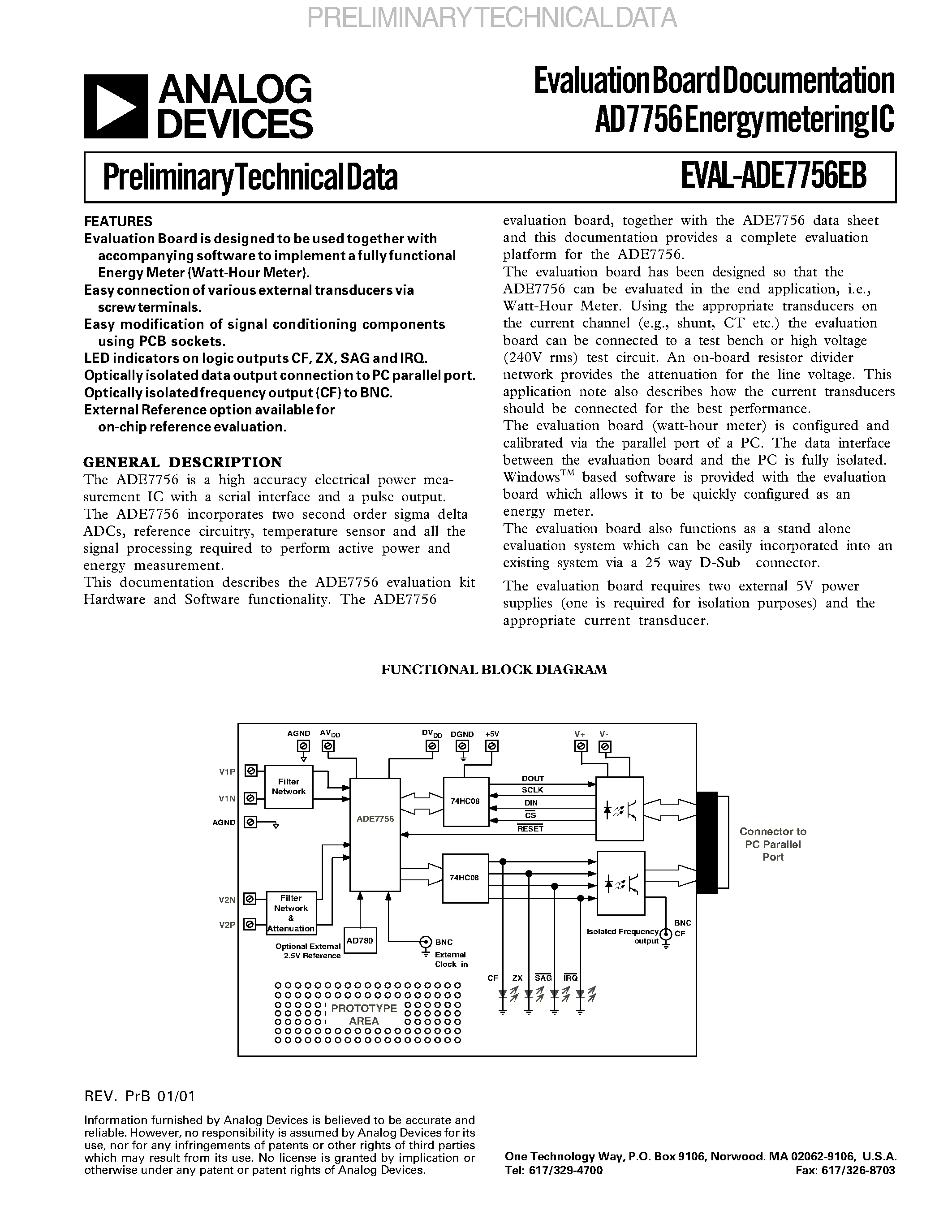 Datasheet ADE7756EB page 1 Datasheet ADE7756EB - Evaluation Board Documentation AD7756 Energy metering IC page 1