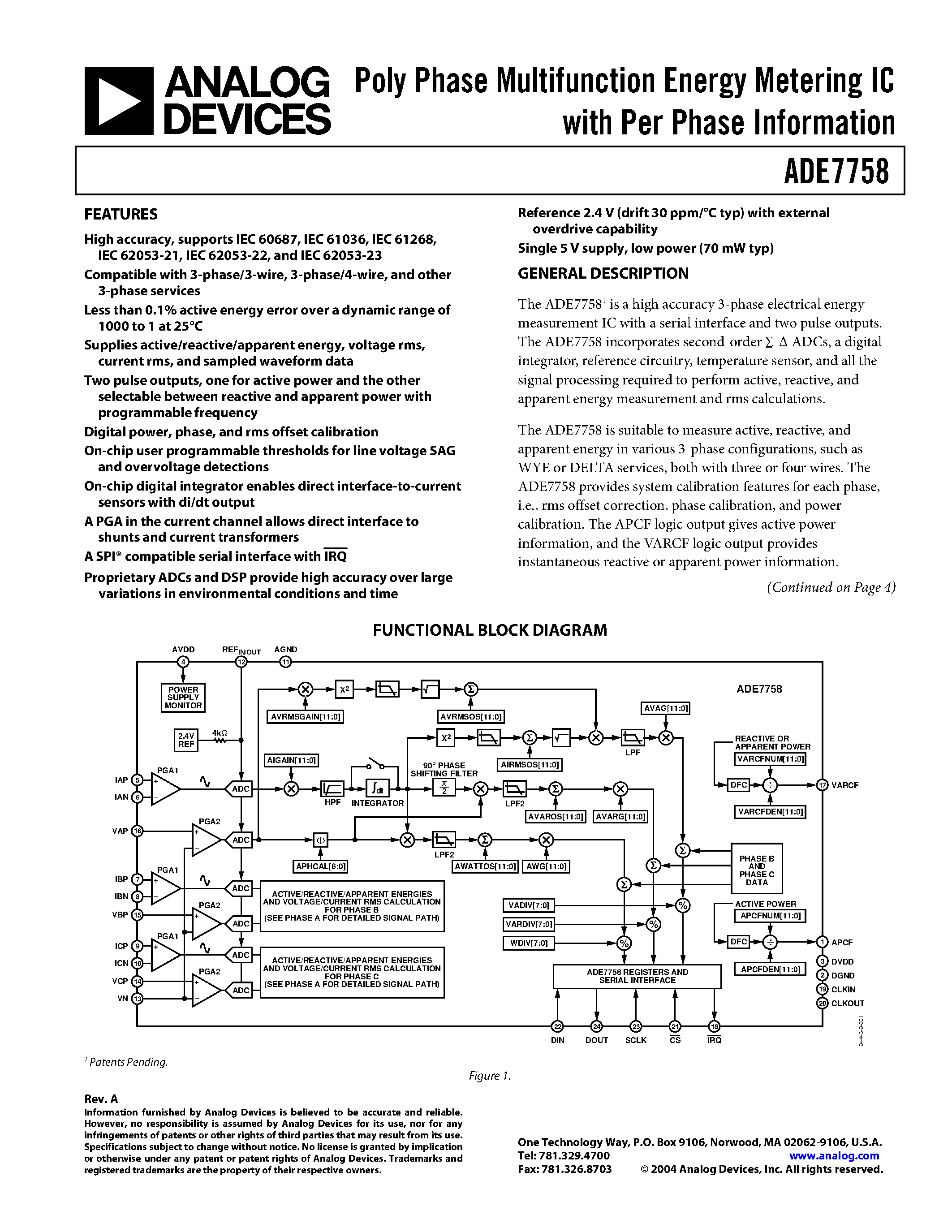 Даташит на микросхему ADE7758ARWZRL страница 1 Даташит ADE7758ARWZRL - Poly Phase Multifunction Energy Metering IC with Per Phase Information страница 1