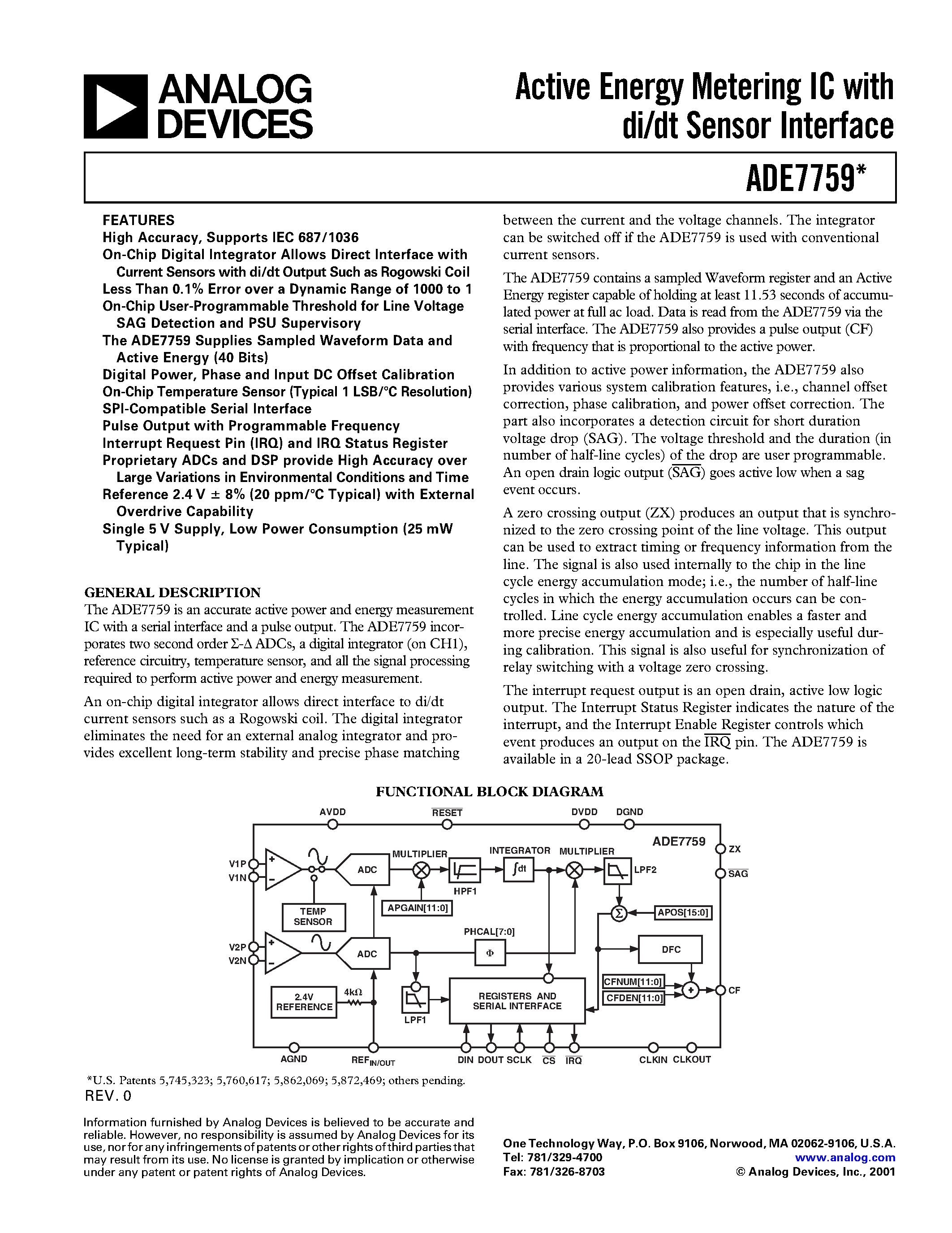 Даташит ADE7759ARS - Active Energy Metering IC with di/dt Sensor Interface страница 1