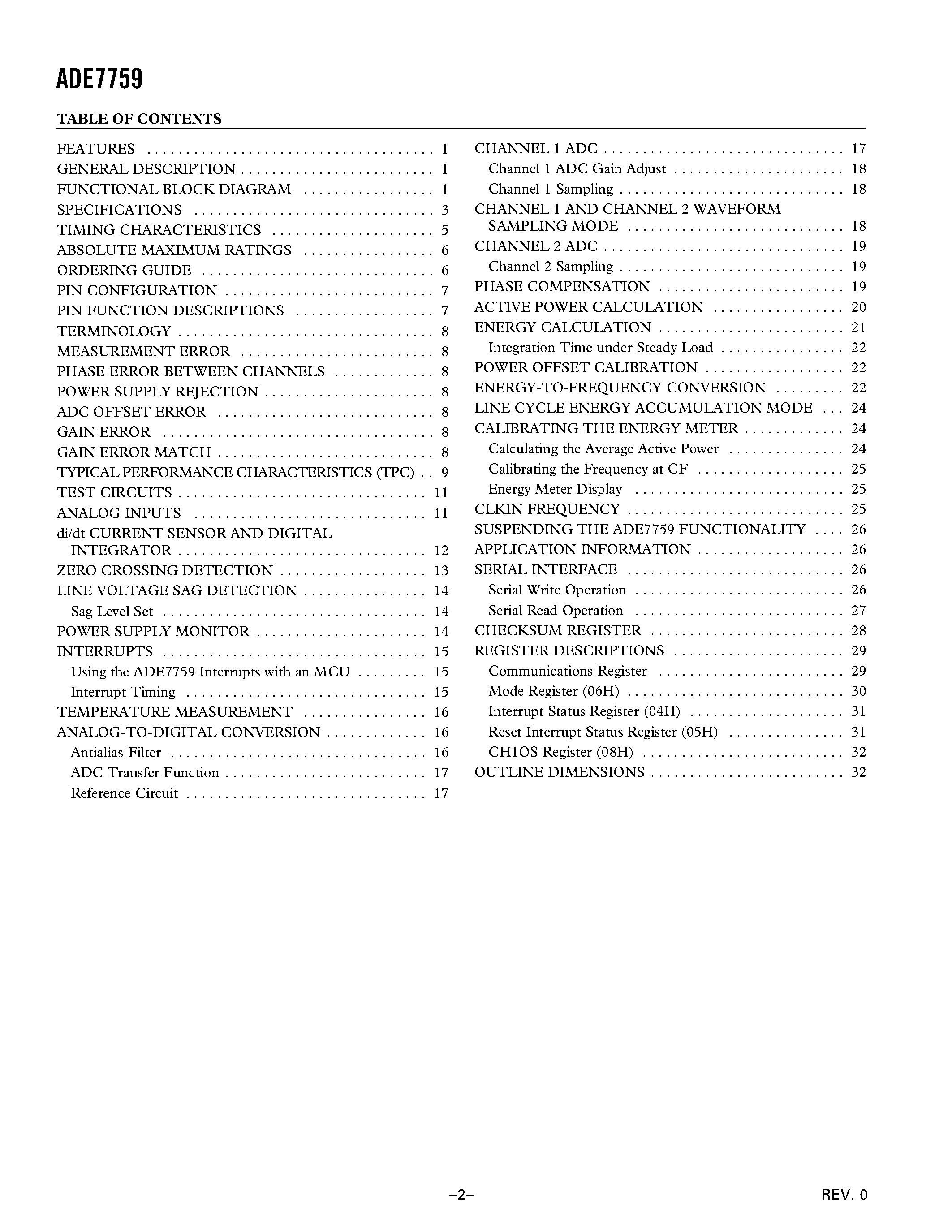 Даташит на микросхему ADE7759ARSRL страница 2 Даташит ADE7759ARSRL - Active Energy Metering IC with di/dt Sensor Interface страница 2