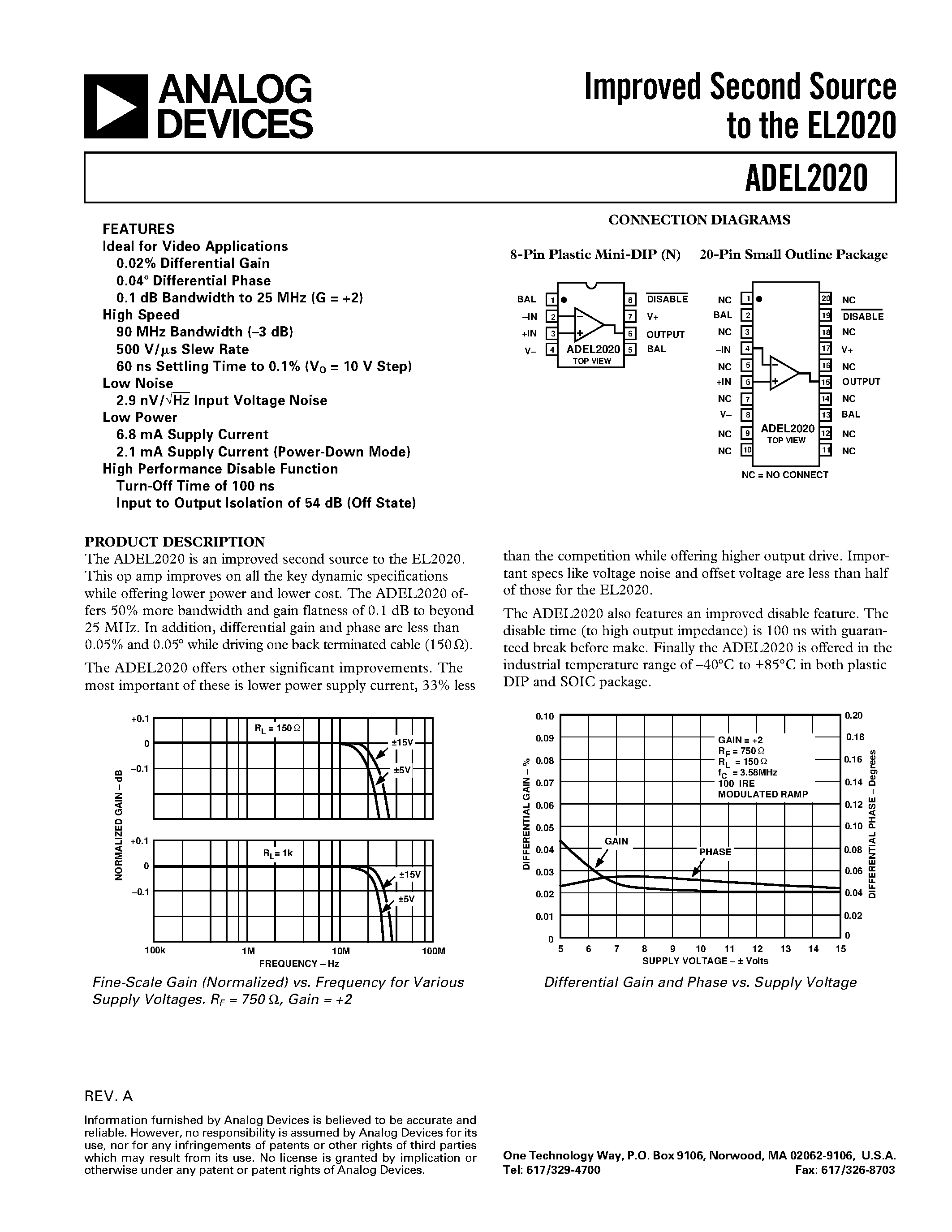 Datasheet ADEL2020AR-20 - Improved Second Source to the EL2020 page 1