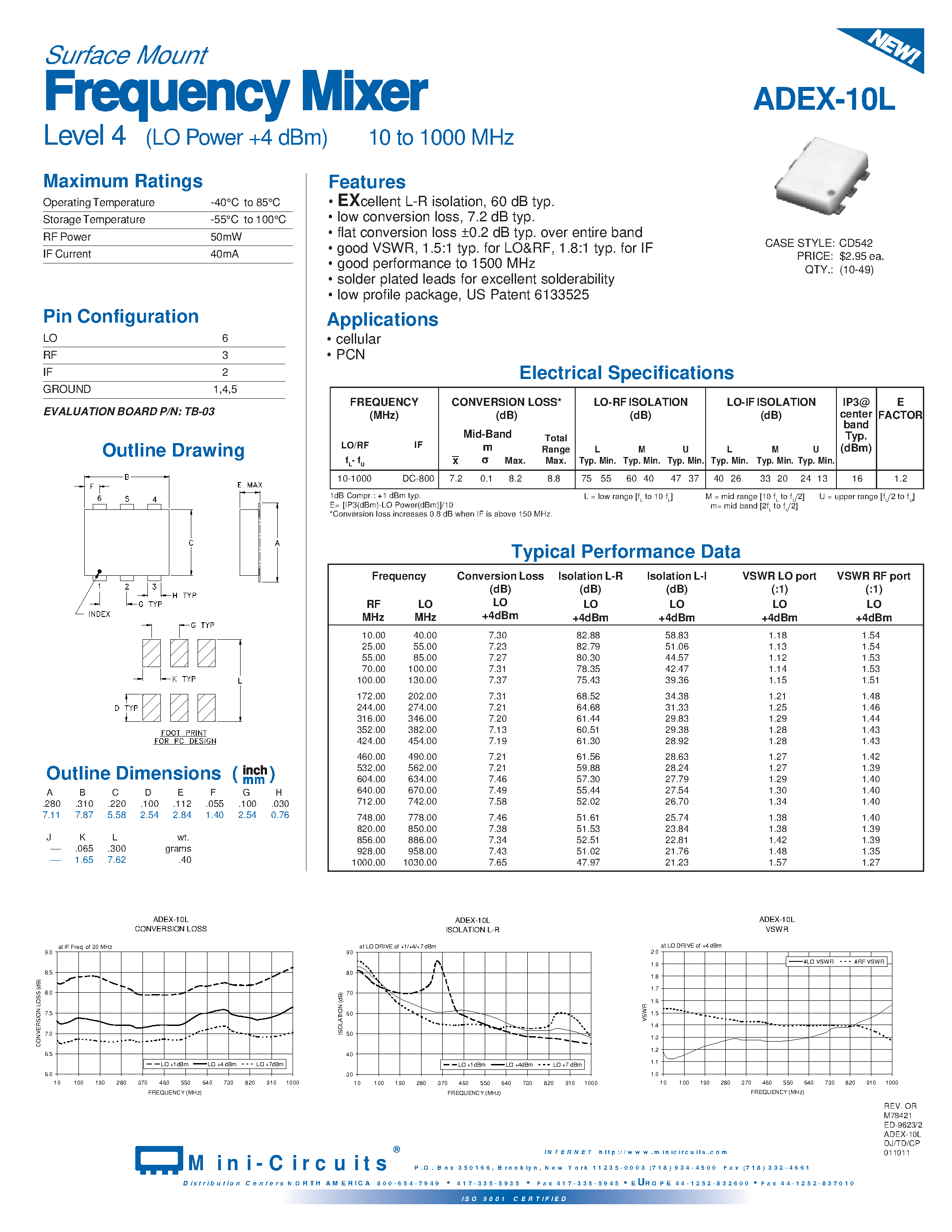 Datasheet ADEX-10L - Frequency Mixer Level 4 (LO Power +4 dBm) 10 to 1000 MHz page 1