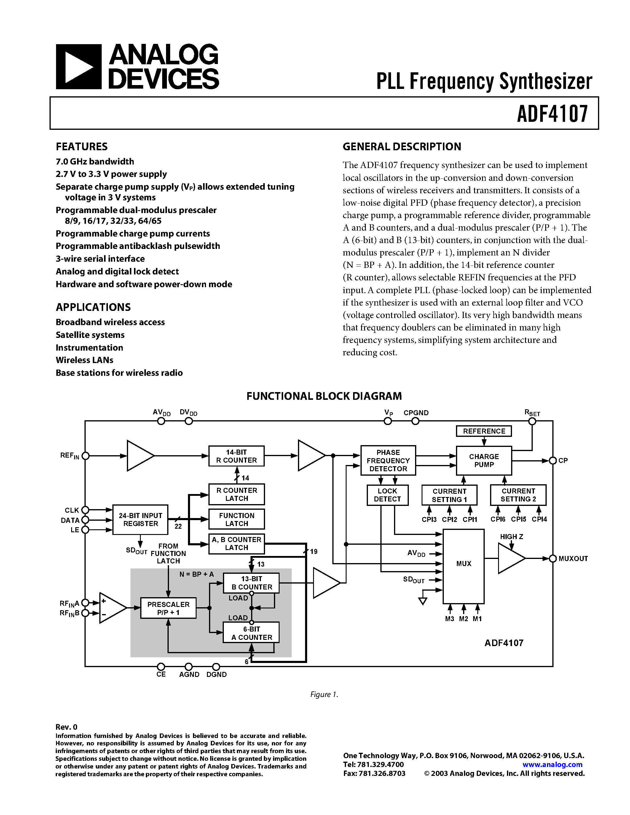 Даташит на микросхему ADF4107BCP страница 1 Даташит ADF4107BCP - PLL Frequency Synthesizer страница 1