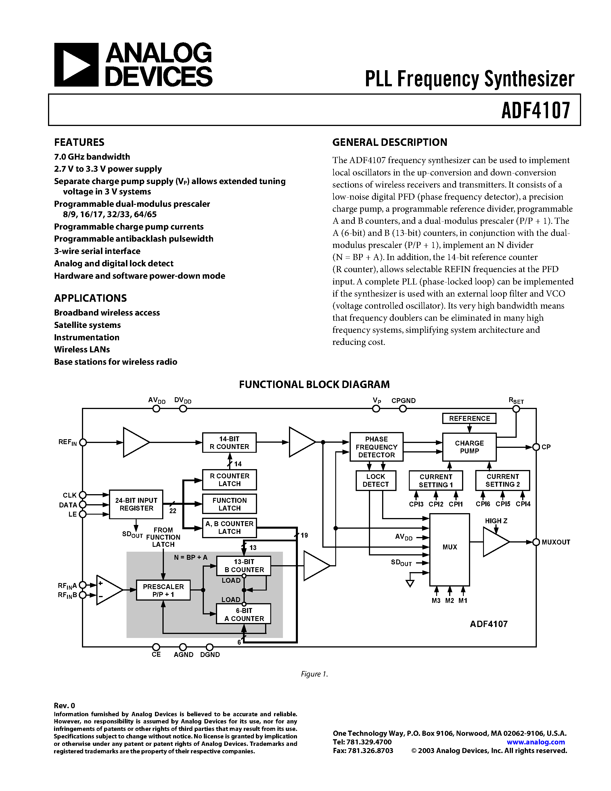 Datasheet ADF4107BCP-REEL7 - PLL Frequency Synthesizer page 1