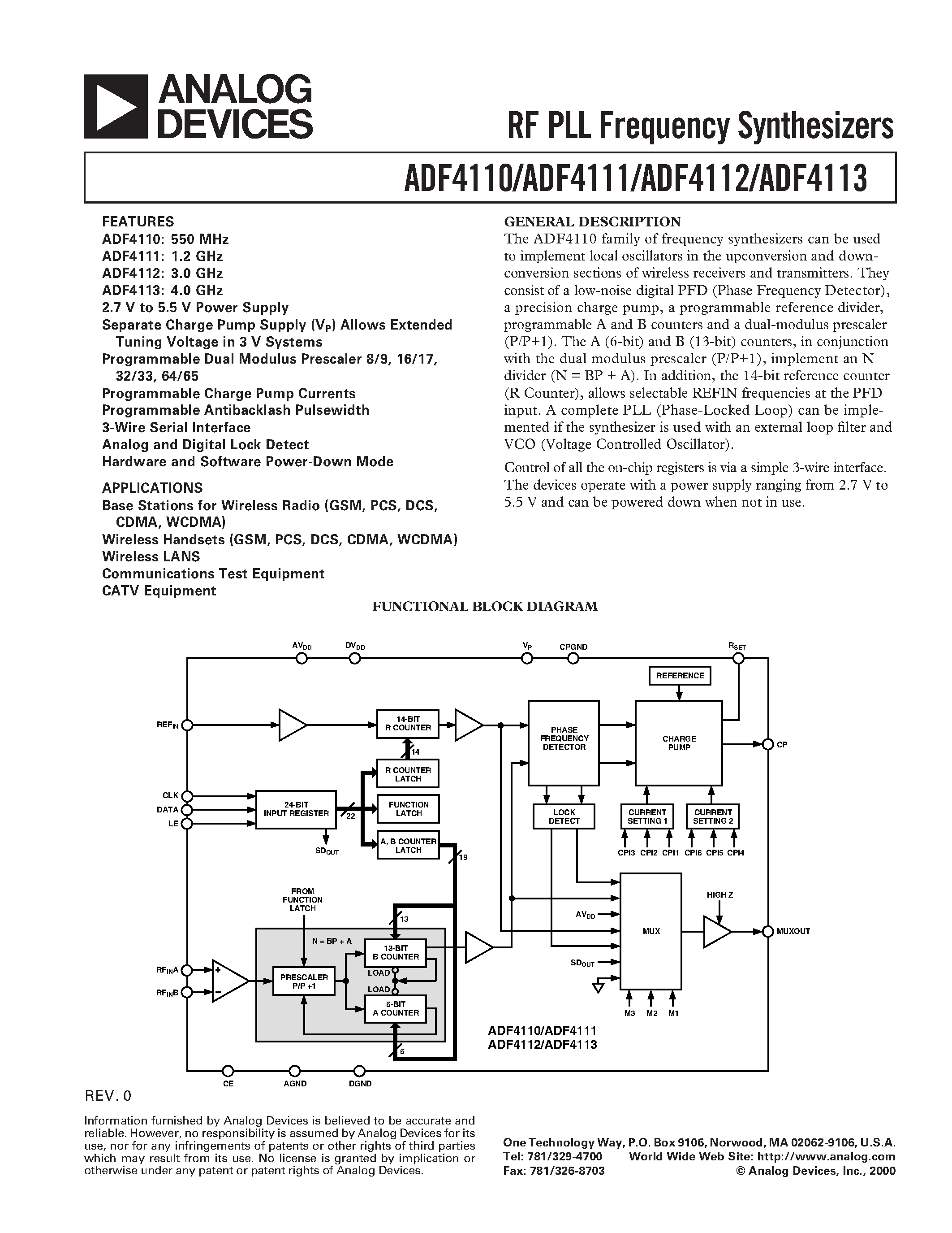 Даташит на микросхему ADF4111 страница 1 Даташит ADF4111 - RF PLL Frequency Synthesizers страница 1