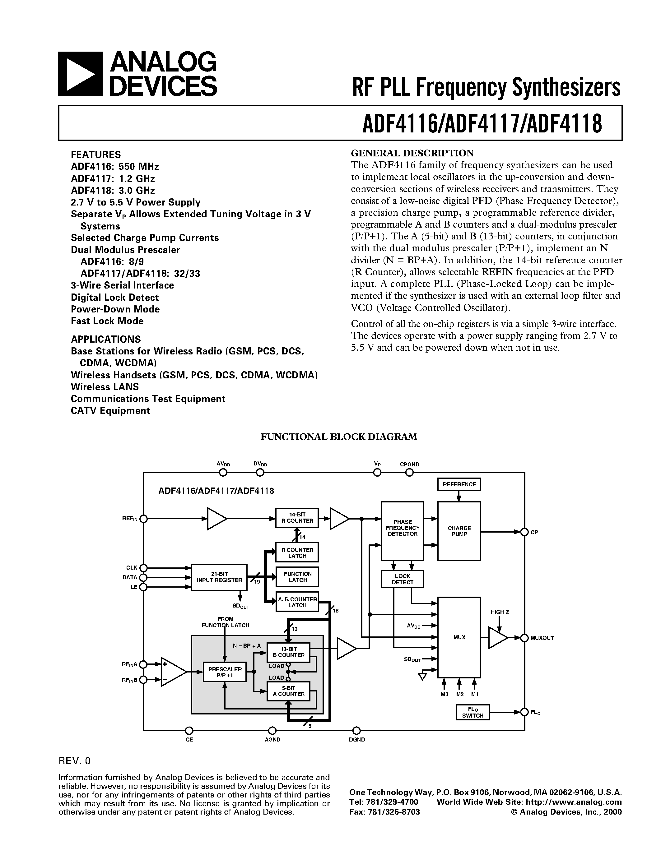 Даташит ADF4116 - RF PLL Frequency Synthesizers страница 1