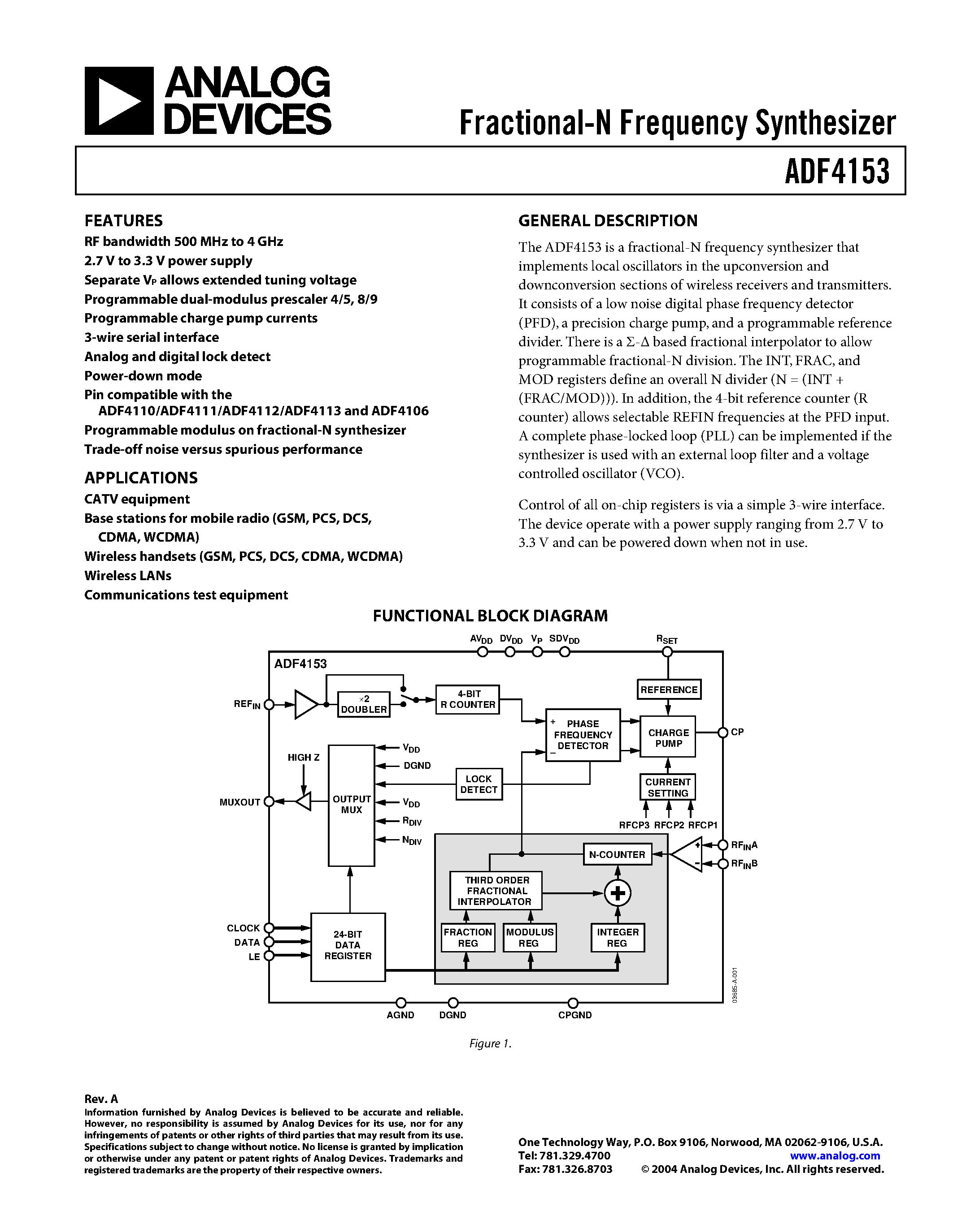 Datasheet ADF4153BCP-REEL - Fractional-N Frequency Synthesizer page 1