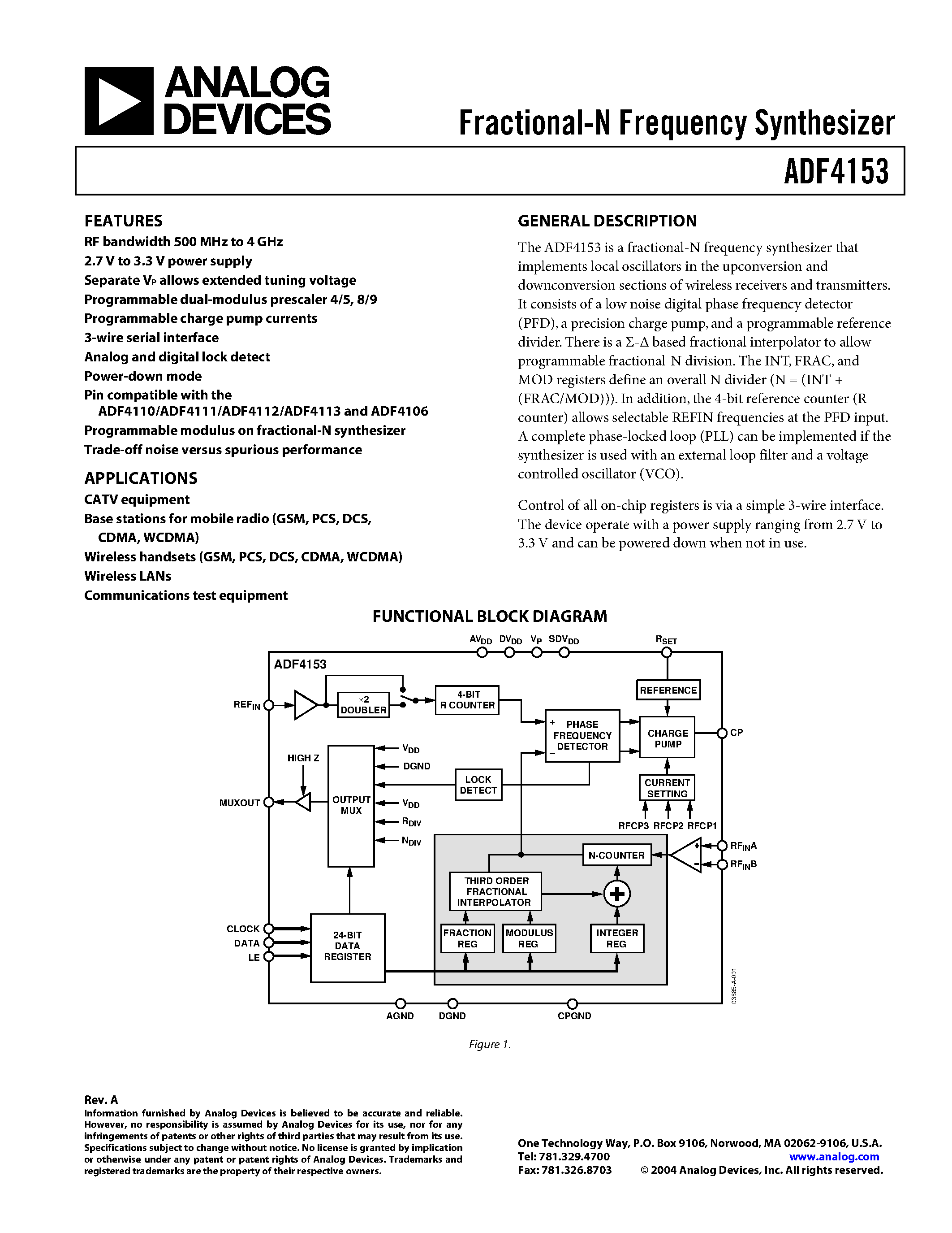 Datasheet ADF4153BRU-REEL7 - Fractional-N Frequency Synthesizer page 1