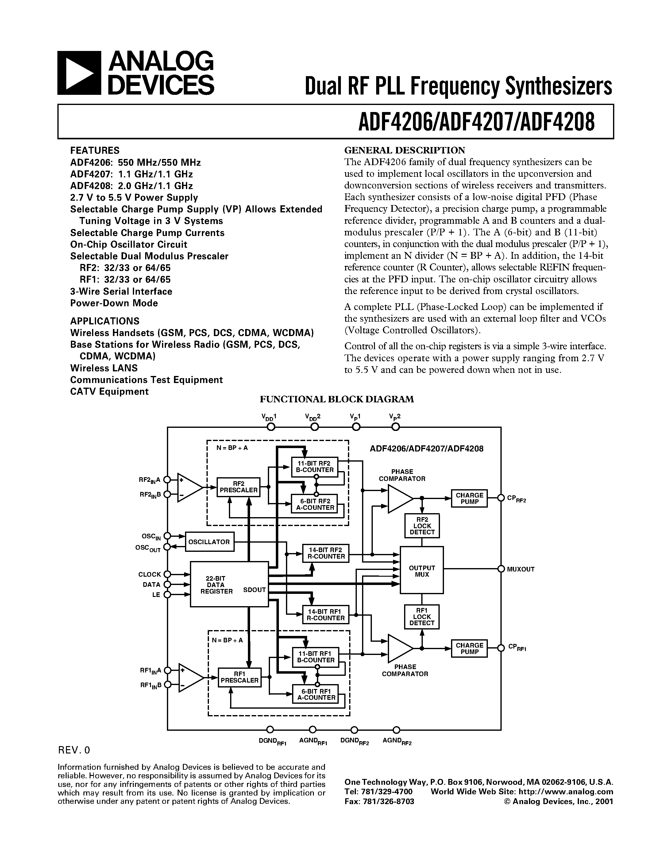 Даташит на микросхему ADF4208BRU страница 1 Даташит ADF4208BRU - Dual RF PLL Frequency Synthesizers страница 1