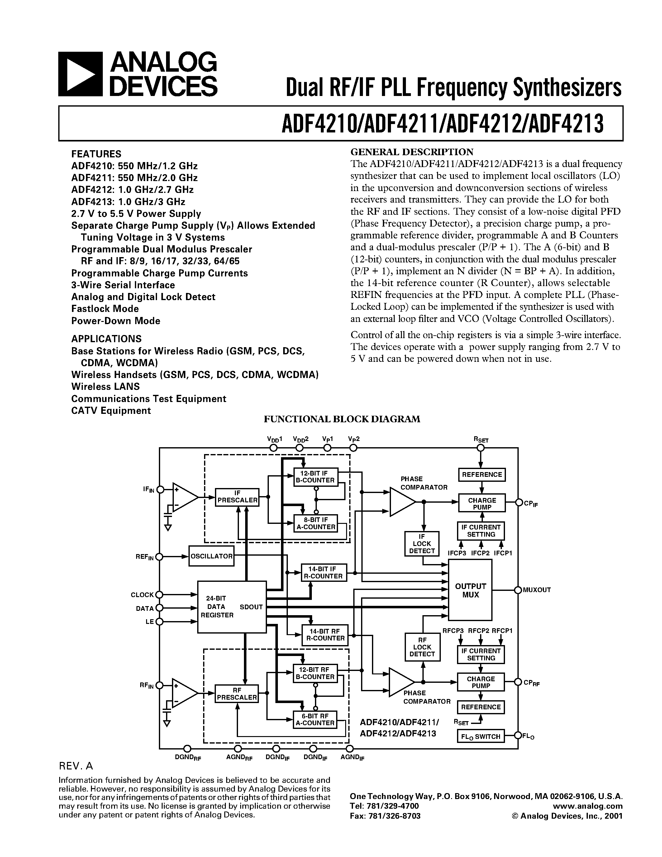Даташит ADF4210 - Dual RF/IF PLL Frequency Synthesizers страница 1