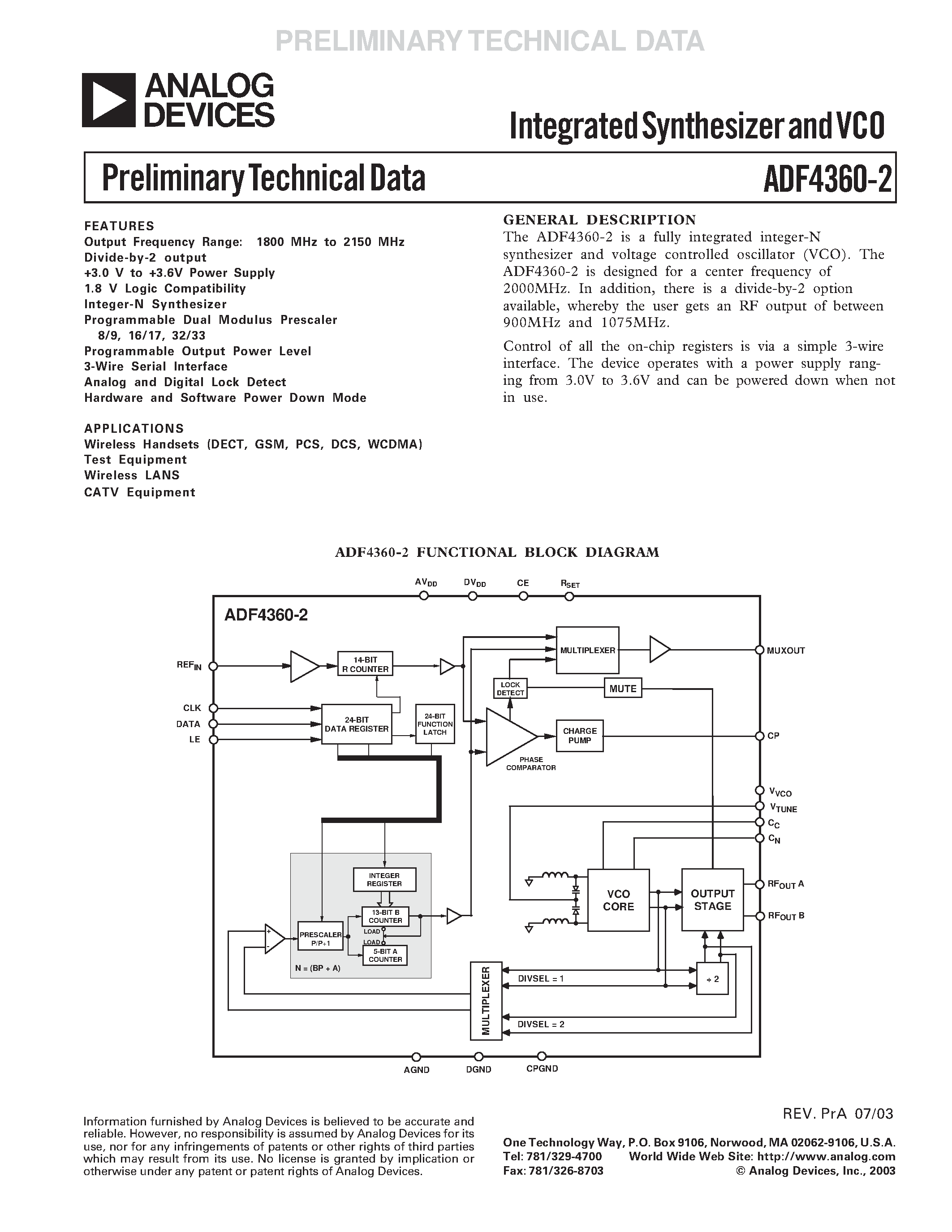 Даташит на микросхему ADF4360-2 страница 1 Даташит ADF4360-2 - Integrated Synthesizer and VCO страница 1