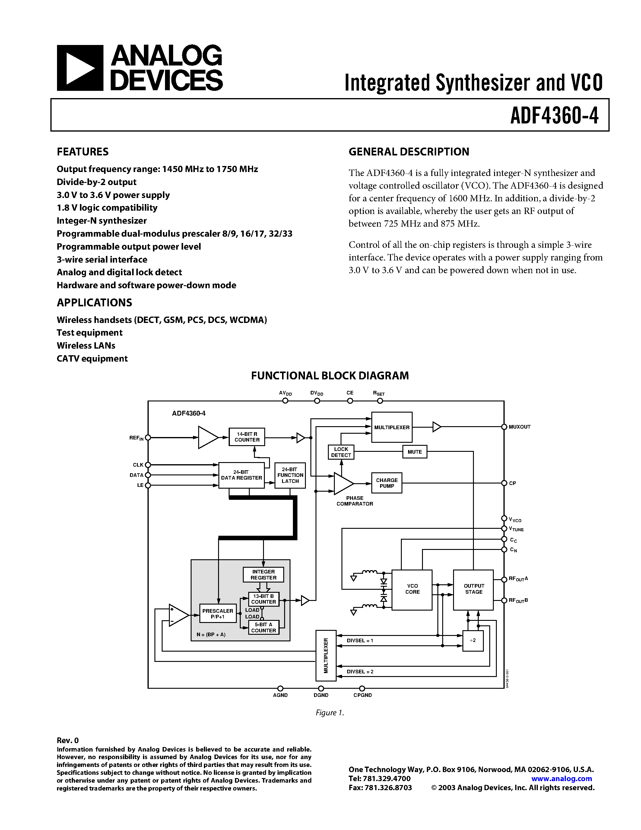 Даташит на микросхему ADF4360-4BCPRL страница 1 Даташит ADF4360-4BCPRL - Integrated Synthesizer and VCO страница 1
