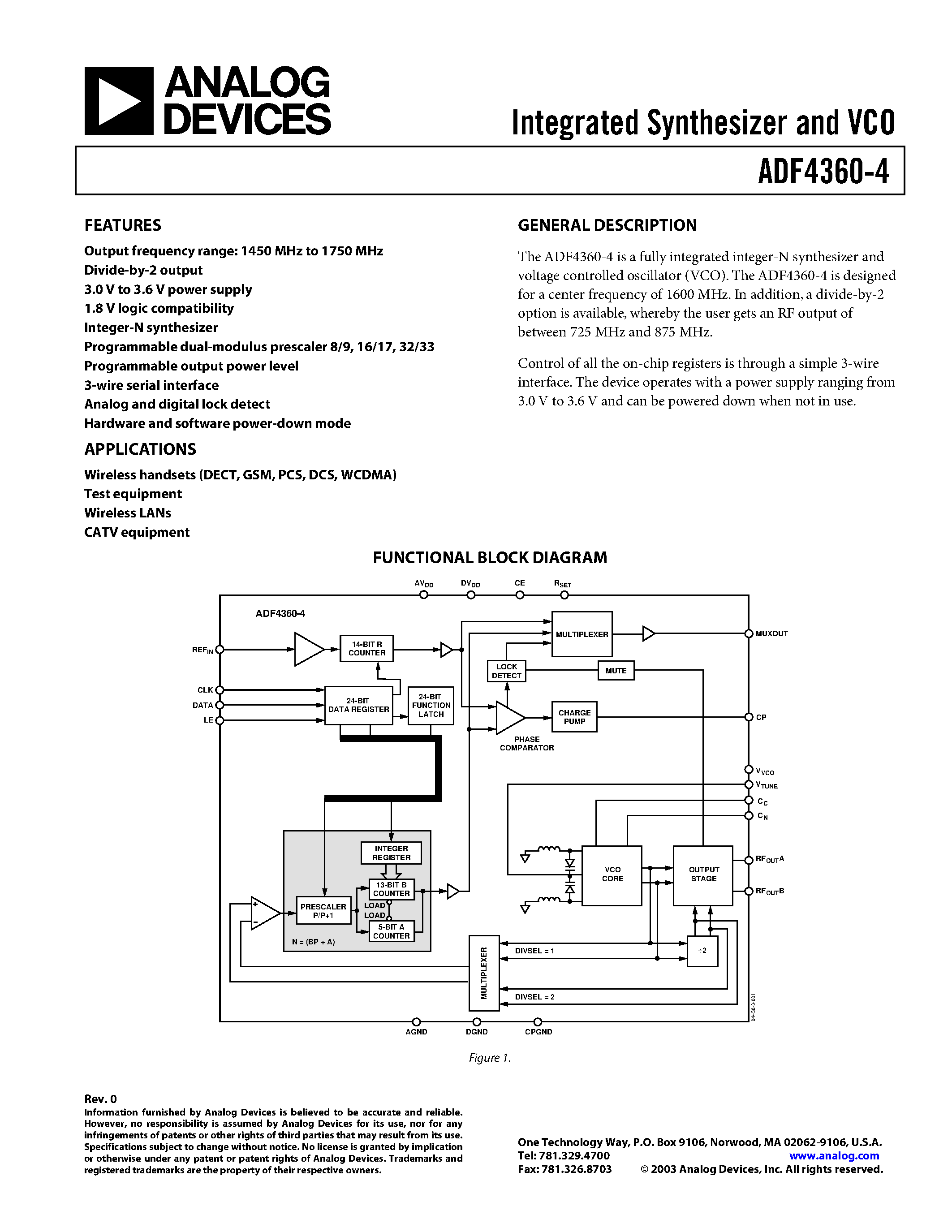 Даташит ADF4360-4BCPRL - Integrated Synthesizer and VCO страница 1