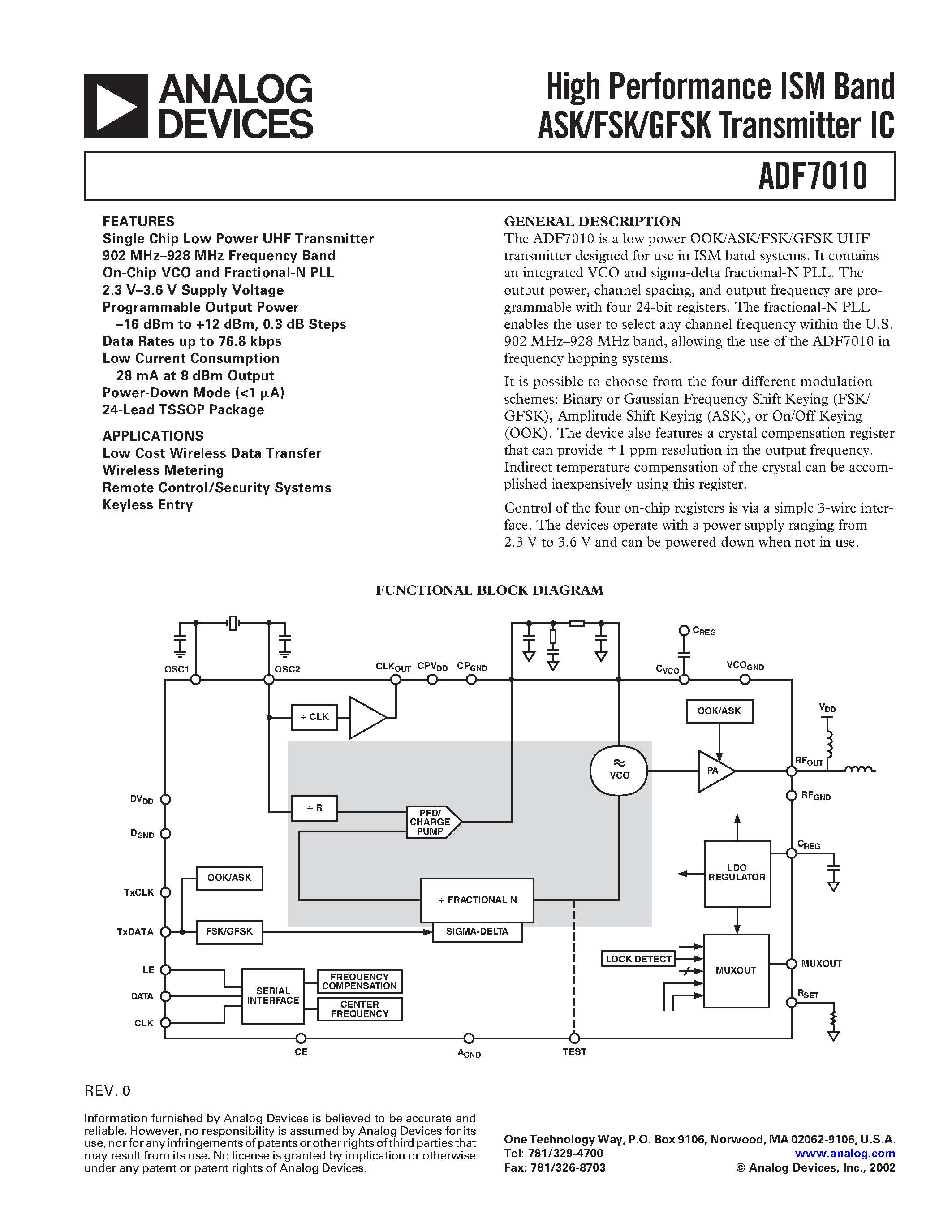 Даташит на микросхему ADF7010BRU страница 1 Даташит ADF7010BRU - High Performance ISM Band ASK/FSK/GFSK Transmitter IC страница 1