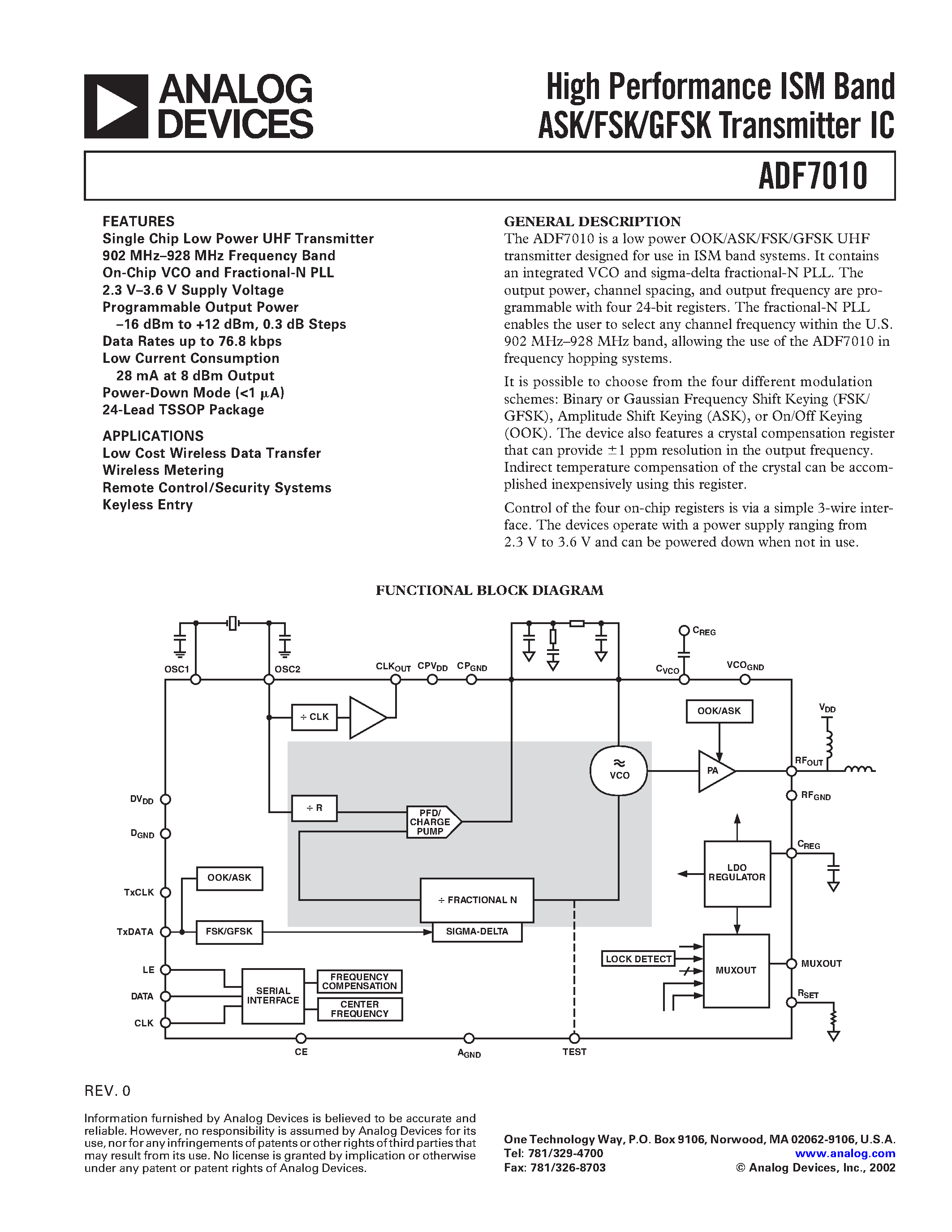 Даташит ADF7010BRU - High Performance ISM Band ASK/FSK/GFSK Transmitter IC страница 1