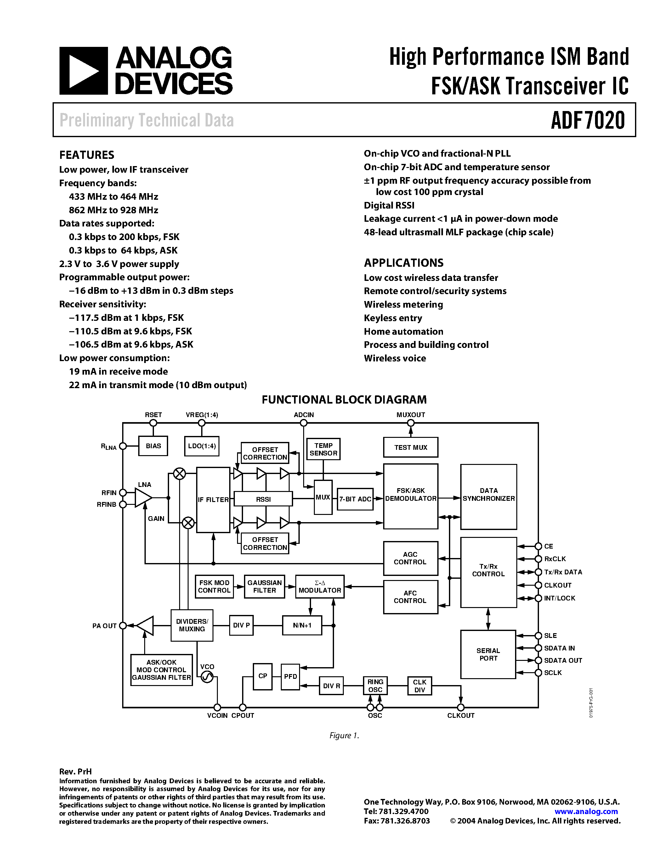 Datasheet ADF7020 - High Performance ISM Band FSK/ASK Transceiver IC page 1