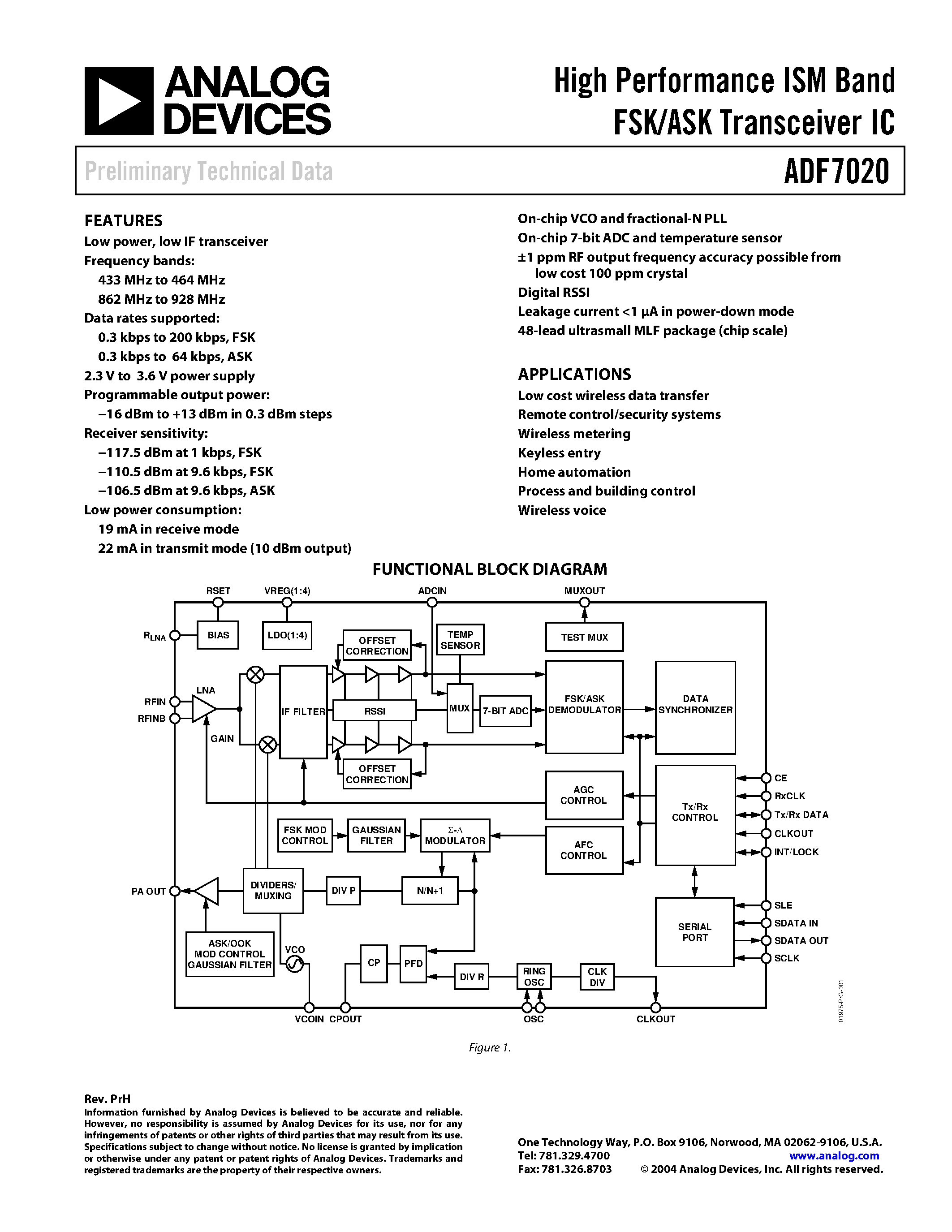 Даташит на микросхему ADF7020BCP страница 1 Даташит ADF7020BCP - High Performance ISM Band FSK/ASK Transceiver IC страница 1
