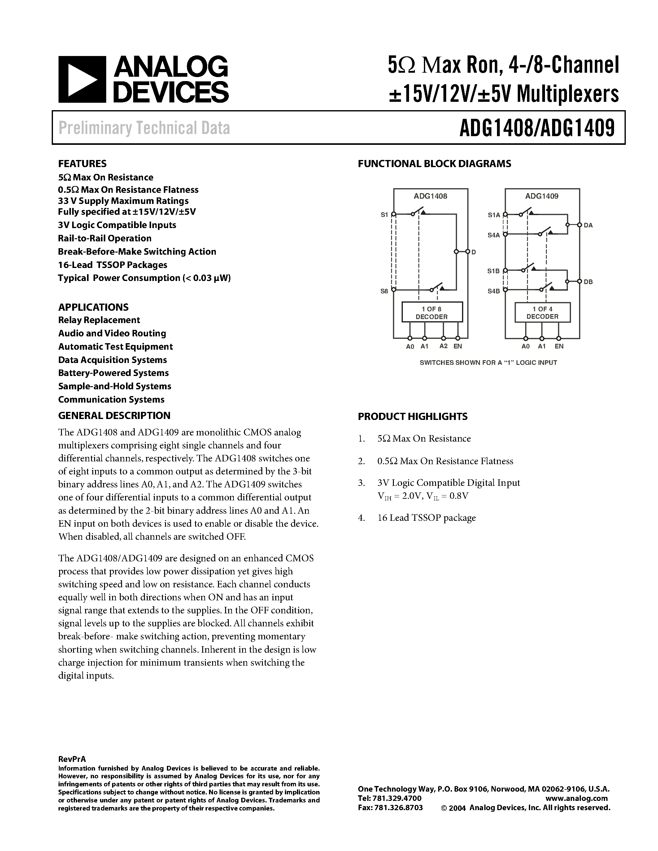 Datasheet ADG1409 - 5 ax Ron/ 4-/8-Channel 15V/12V/5V Multiplexers page 1