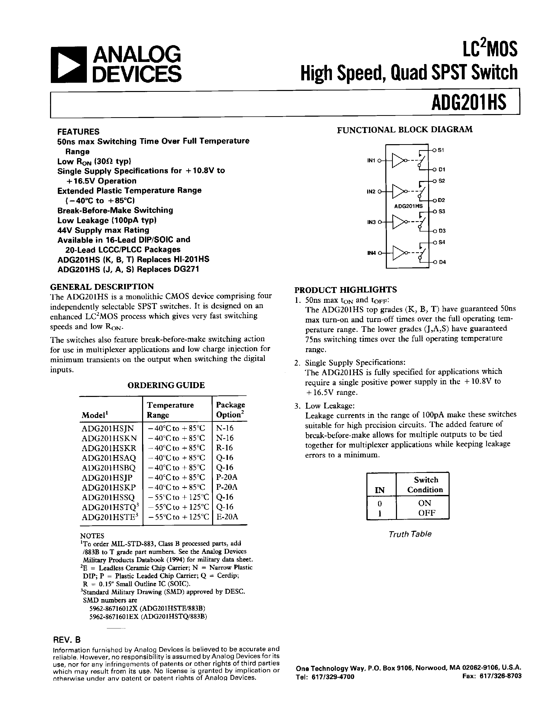 Datasheet ADG201HSTQ page 1 Datasheet ADG201HSTQ - LC2MOS HIGH SPEED/ QUAD SPST SWITCH page 1