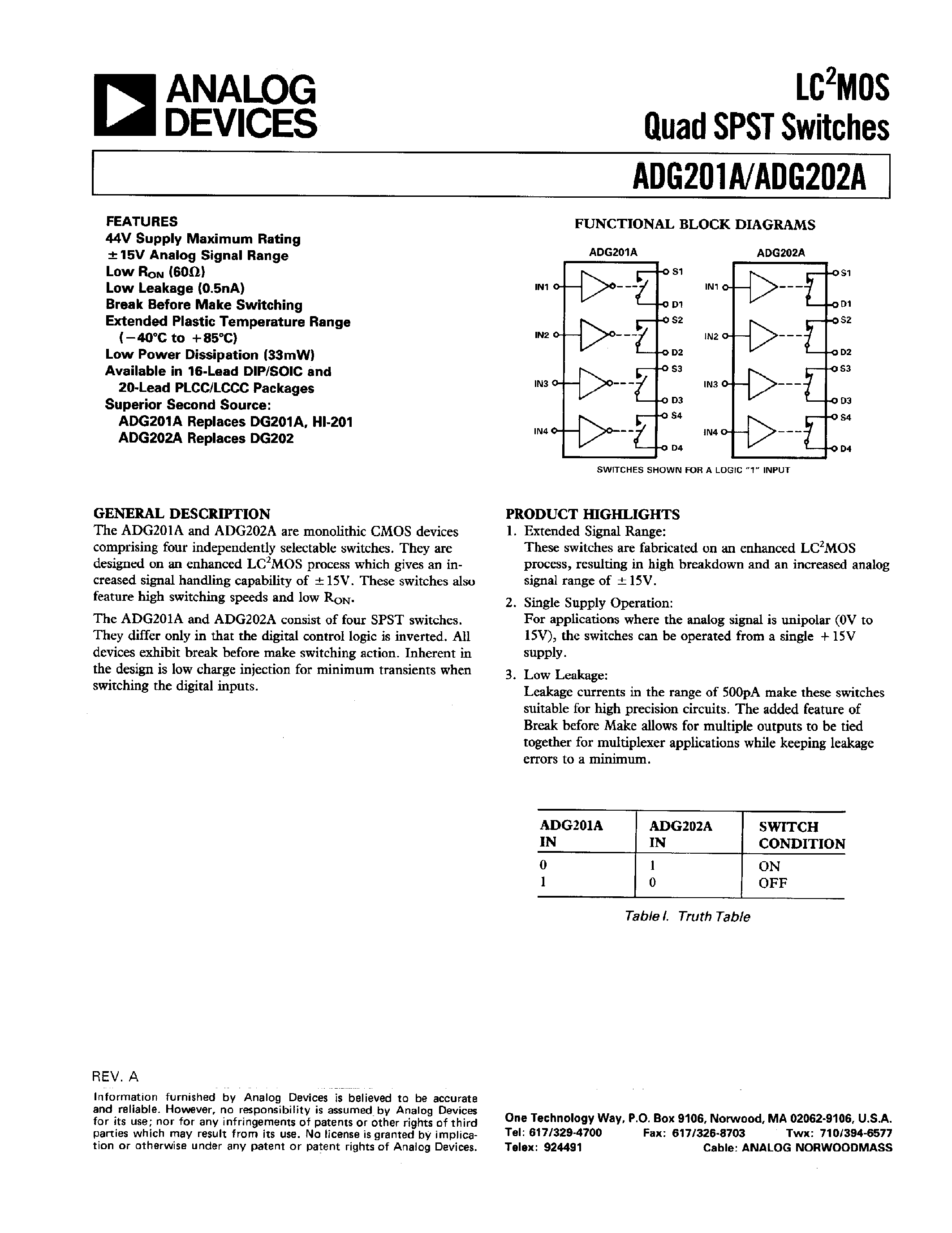 Datasheet ADG202AKN page 1 Datasheet ADG202AKN - LC2MOS QUAD SPST SWITCHES page 1
