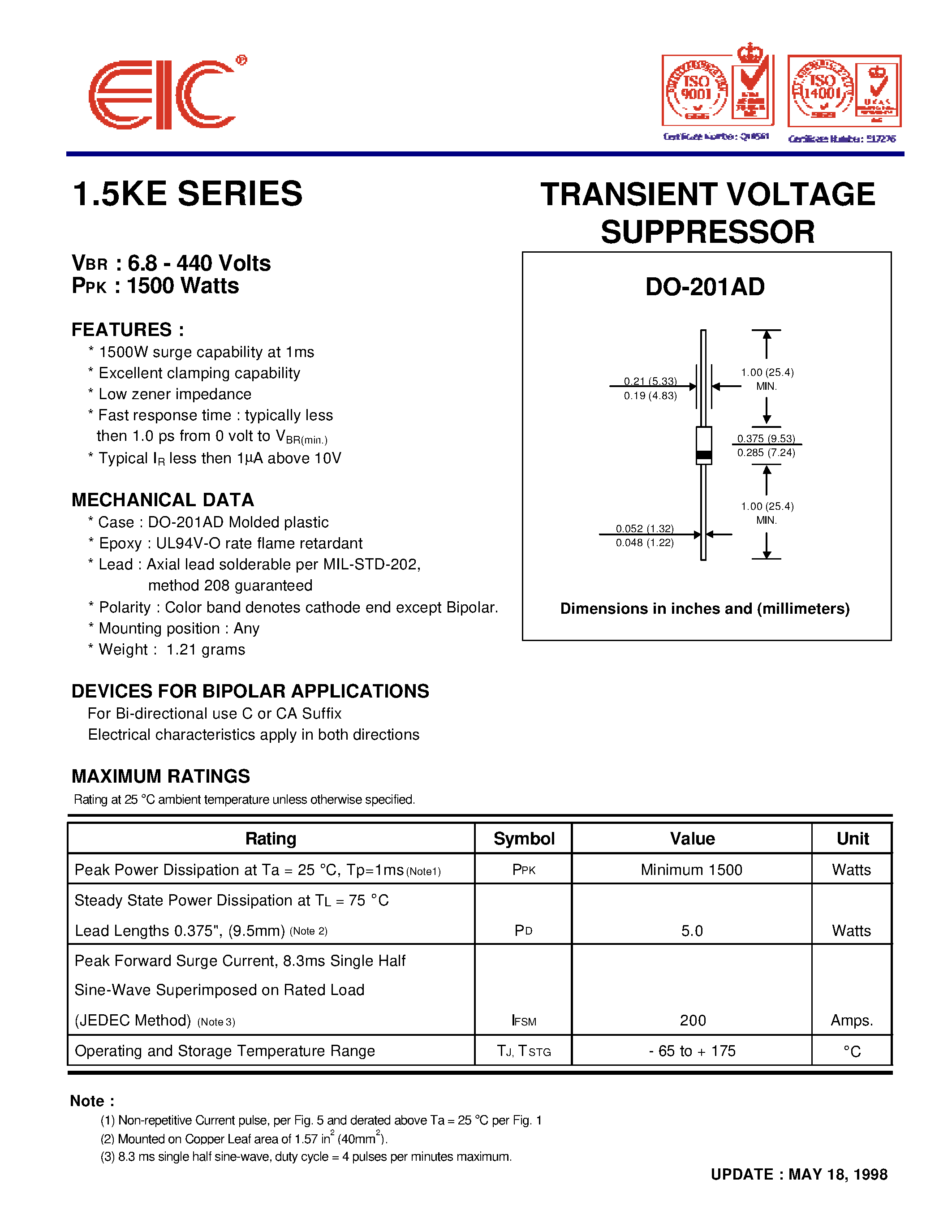 Datasheet 1.5KE15 - TRANSIENT VOLTAGE SUPPRESSOR page 1