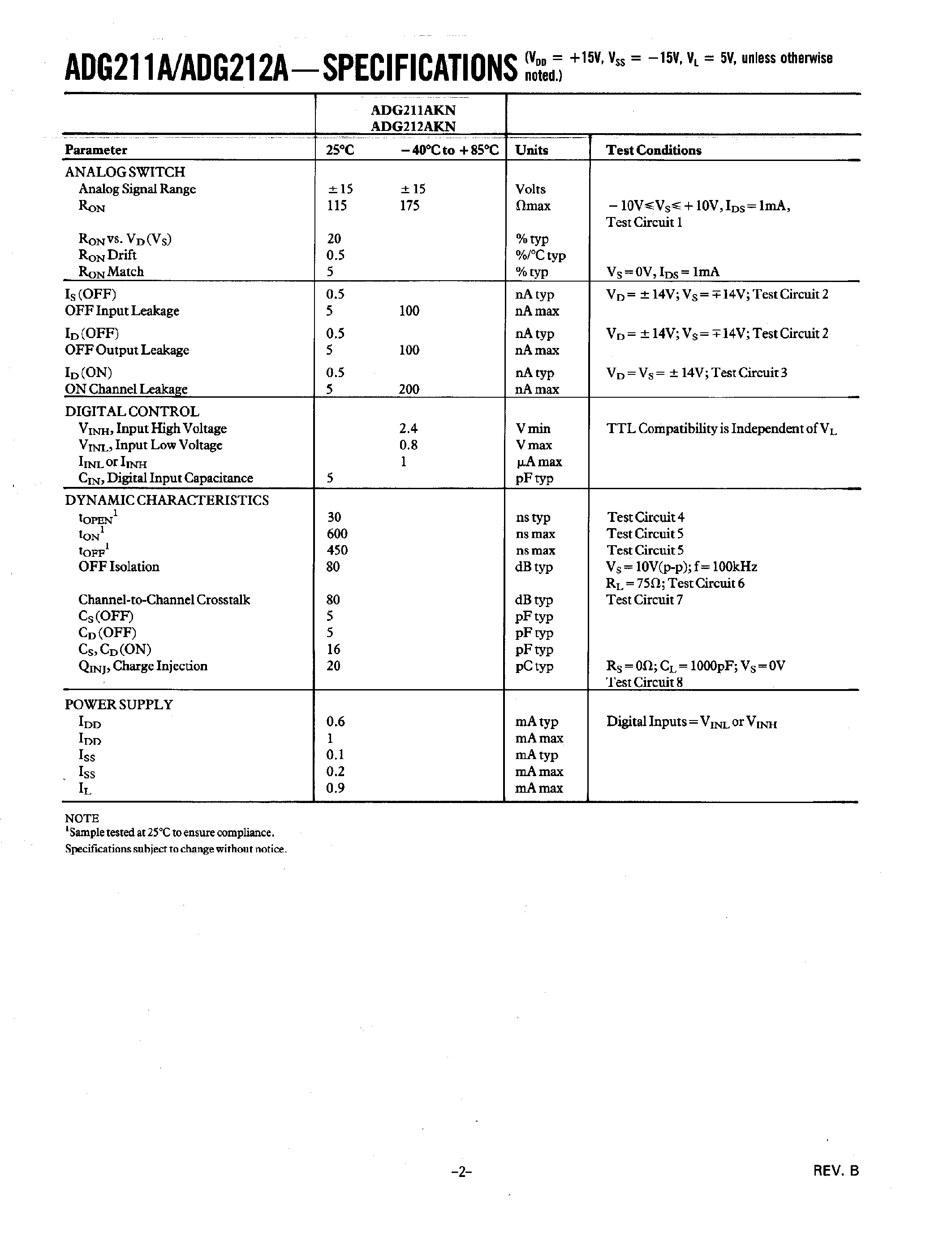 Datasheet ADG211AKN - LC2MOS QUAD SPST SWITCHES page 2