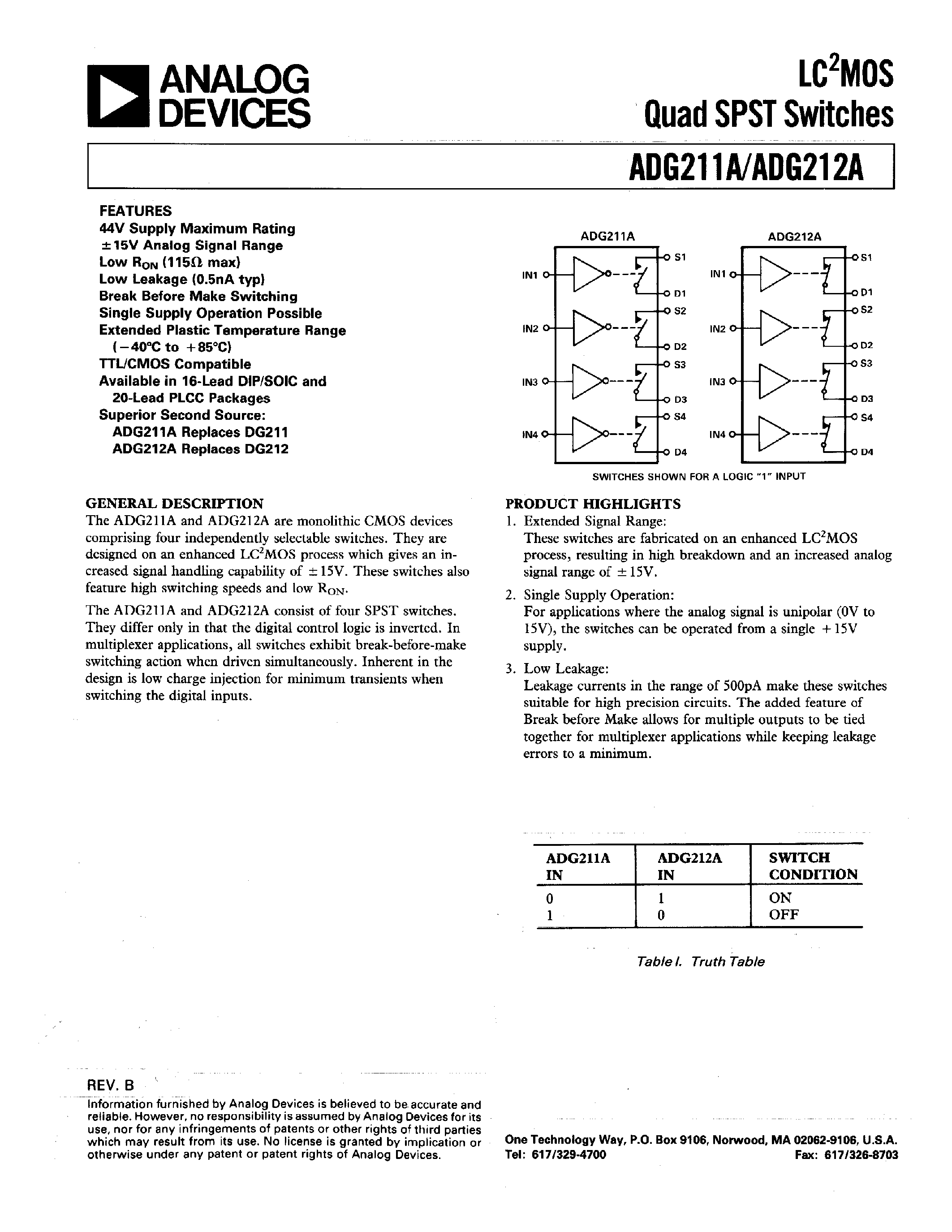 Datasheet ADG211AKR - LC2MOS QUAD SPST SWITCHES page 1
