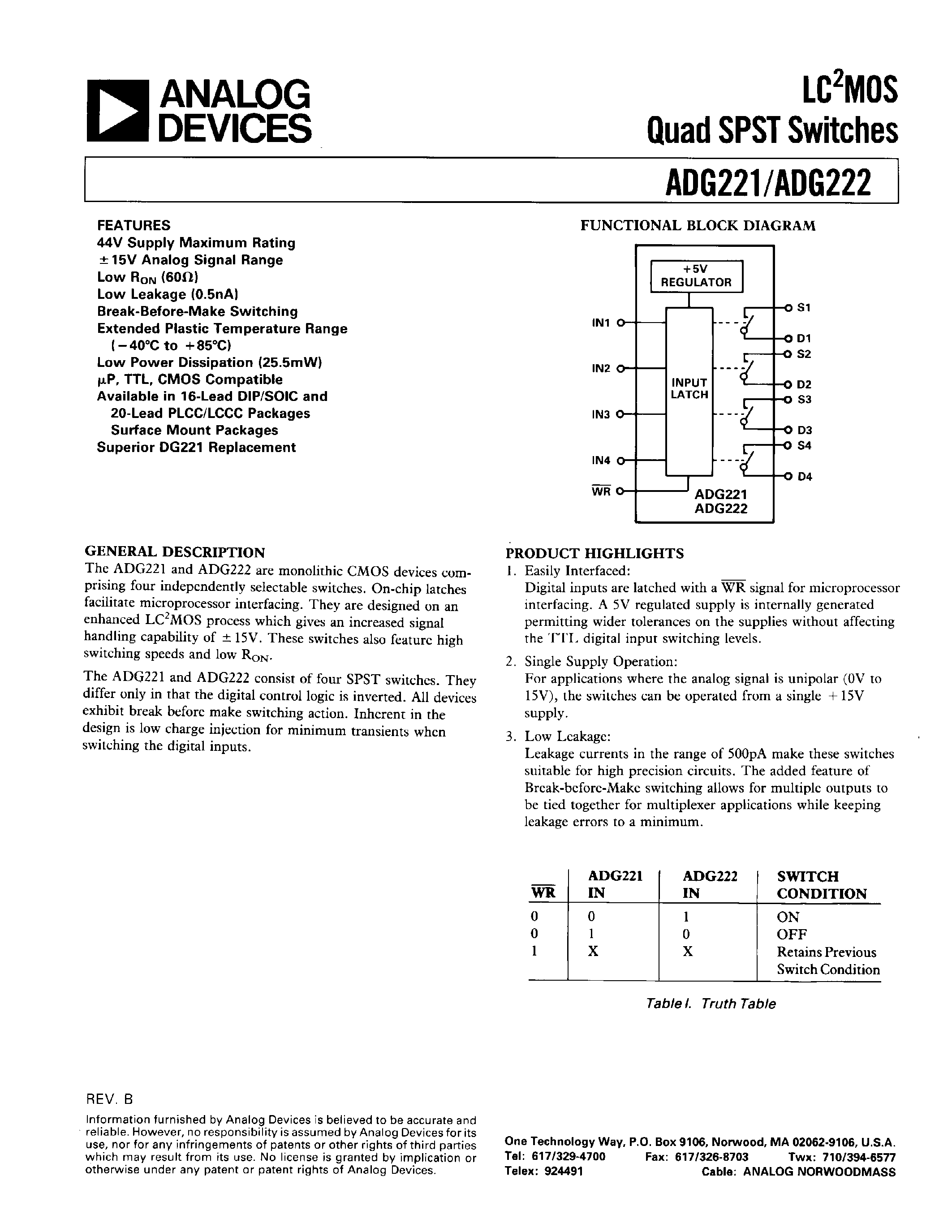 Datasheet ADG221KP - LC2MOS QUAD SPST SWITCHES page 1