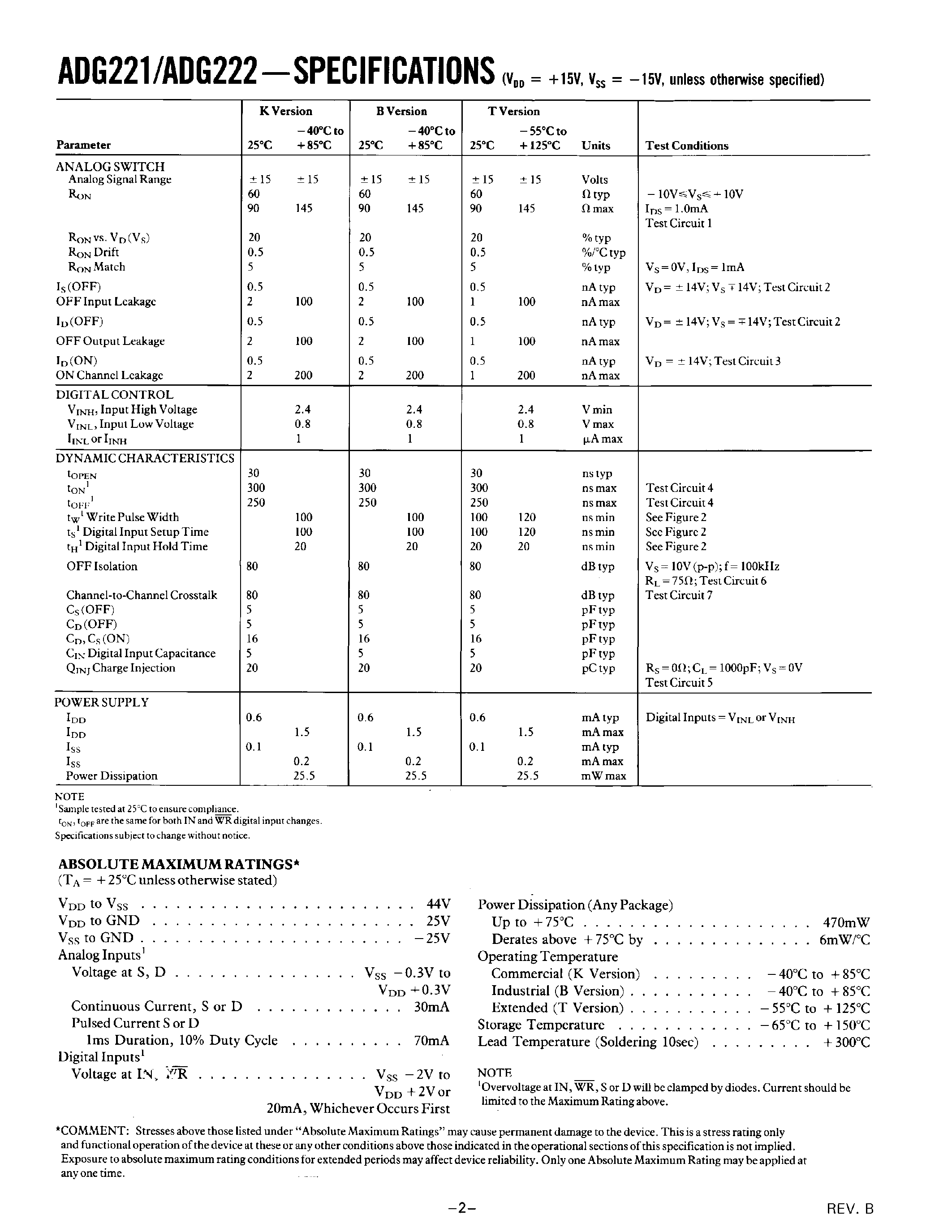 Datasheet ADG222 - LC2MOS QUAD SPST SWITCHES page 2