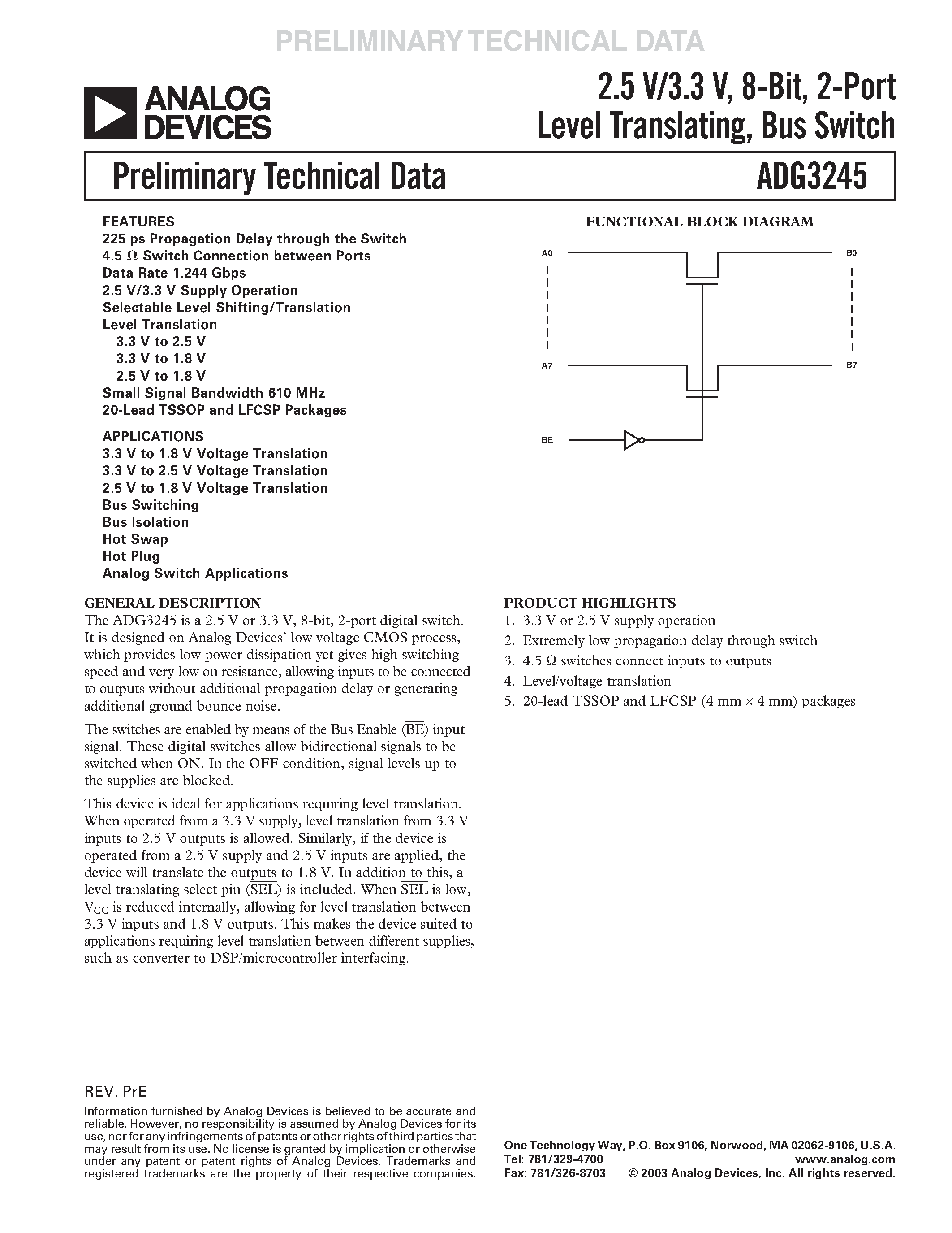 Datasheet ADG3245 page 1 Datasheet ADG3245 - 2.5 V/3.3 V/ 8-Bit/ 2-Port Level Translating/ Bus Switch page 1