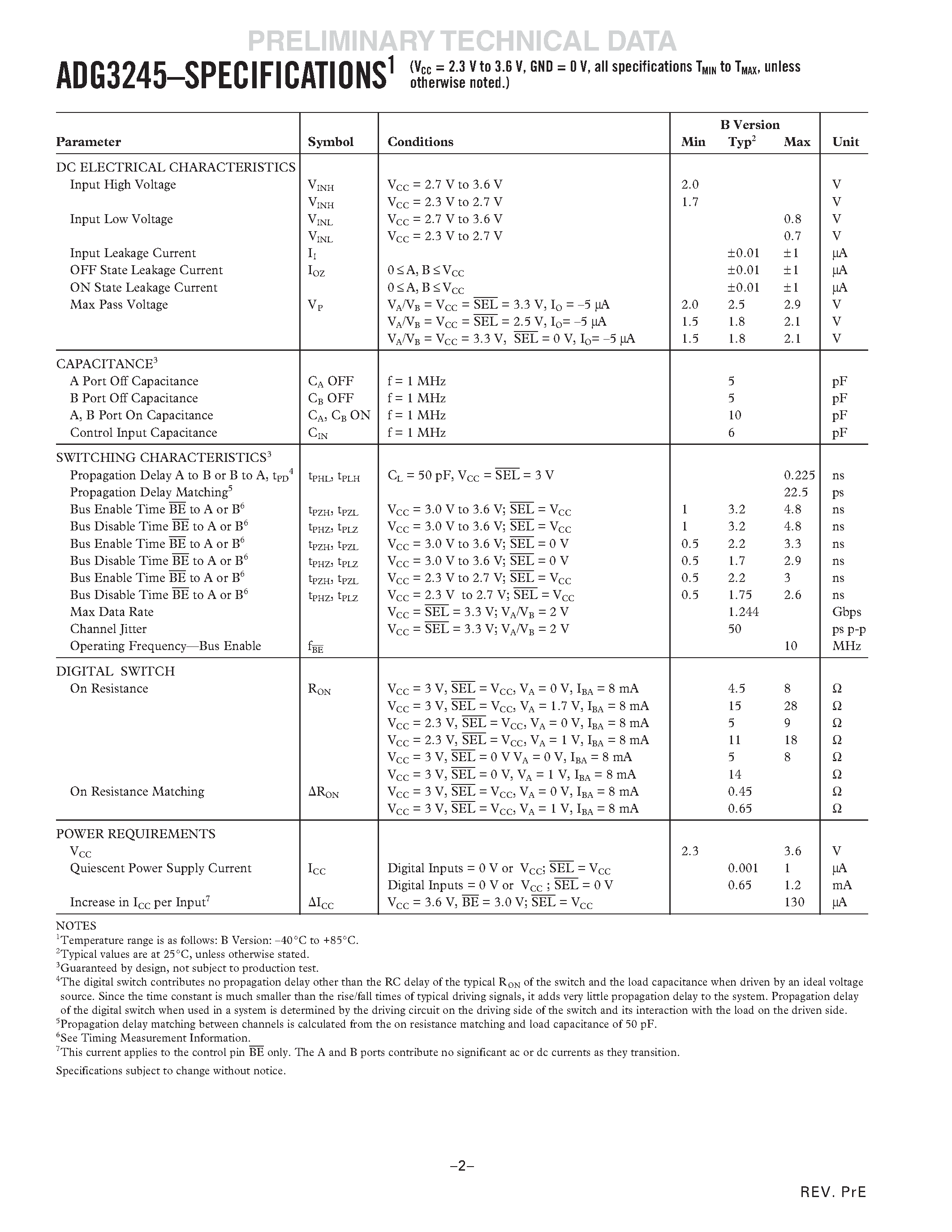 Datasheet ADG3245 page 2 Datasheet ADG3245 - 2.5 V/3.3 V/ 8-Bit/ 2-Port Level Translating/ Bus Switch page 2