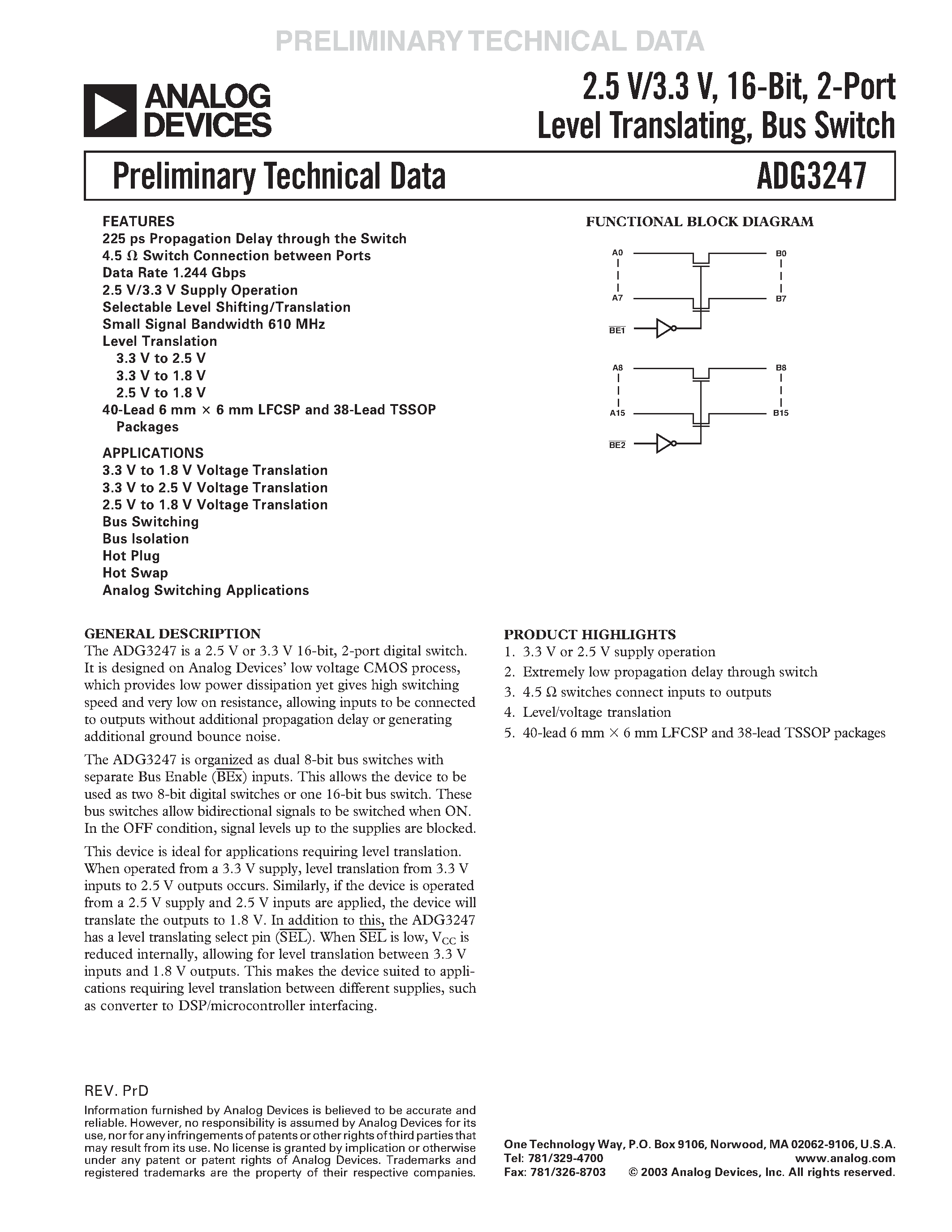 Datasheet ADG3247 - 2.5 V/3.3 V/ 16-Bit/ 2-Port Level Translating/ Bus Switch page 1