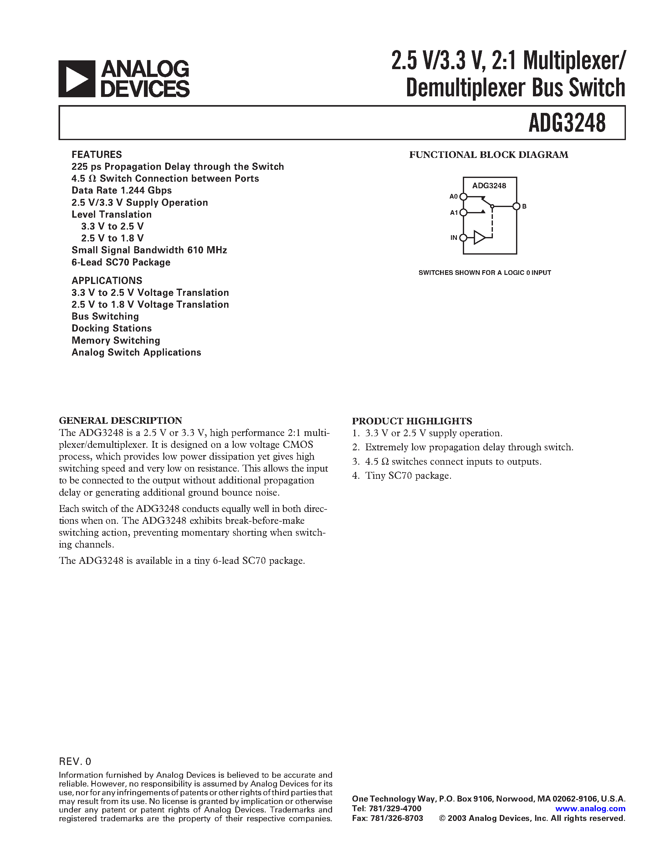 Datasheet ADG3248BKS-REEL7 - 2.5 V/ 3.3 V/ 2 :1 Multiplexer/ Demultiplexer Bus Switch page 1