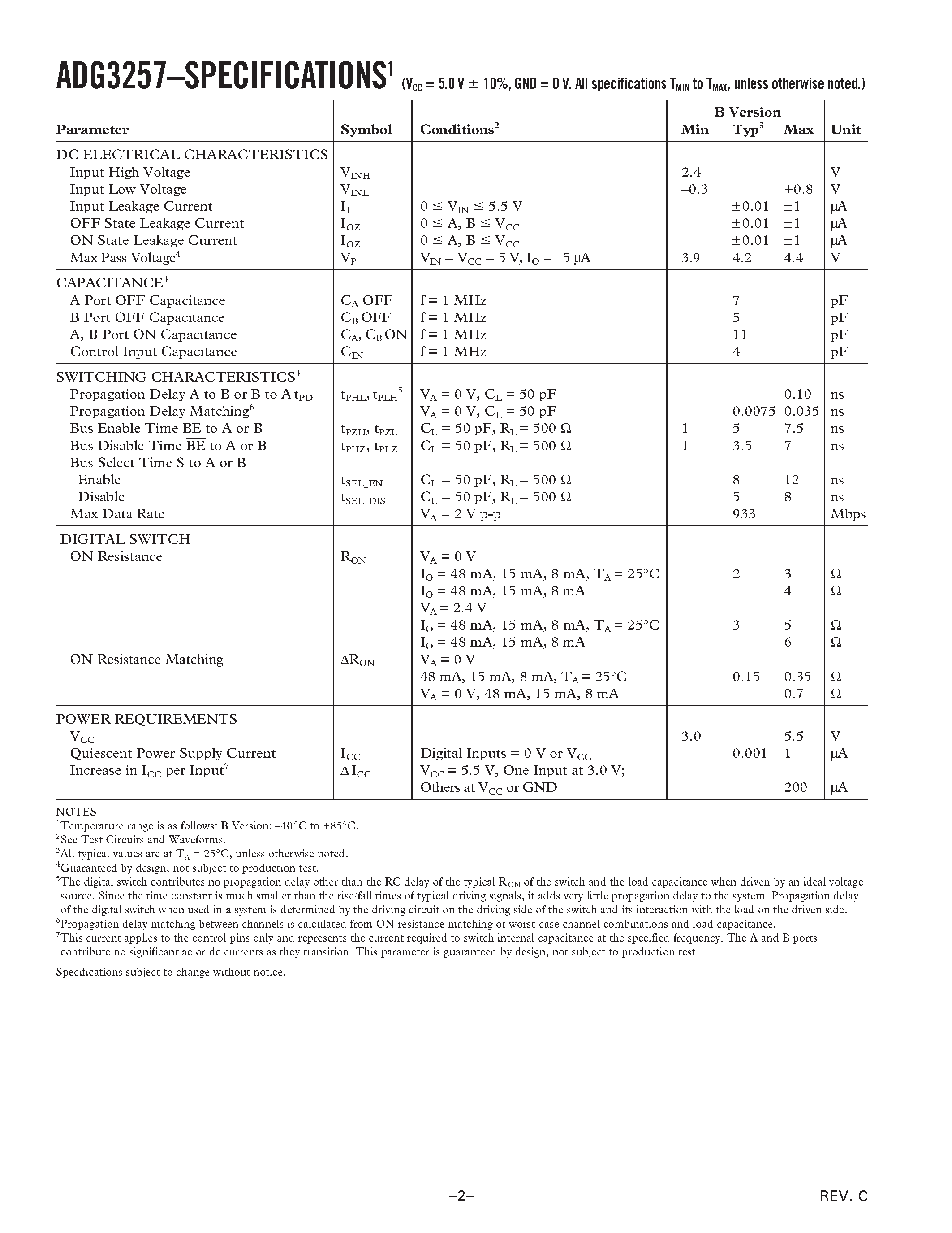 Datasheet ADG3257 page 2 Datasheet ADG3257 - High Speed/ 3.3 V/5 V Quad 2:1 Mux/Demux (4-Bit/ 1 of 2) Bus Switch page 2