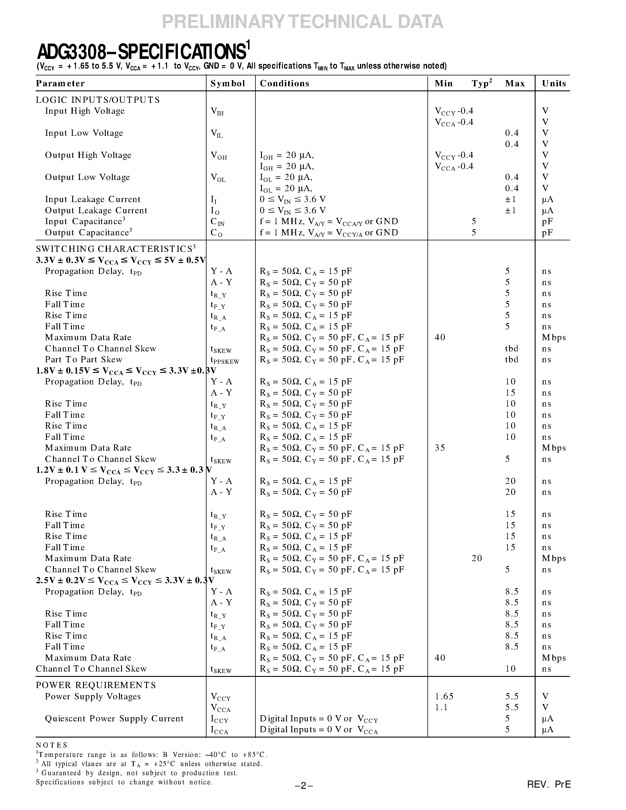 Datasheet ADG3308 - Low Voltage 1.2 V to 5.5 V/ Bidirectional/ Logic Level Translators page 2