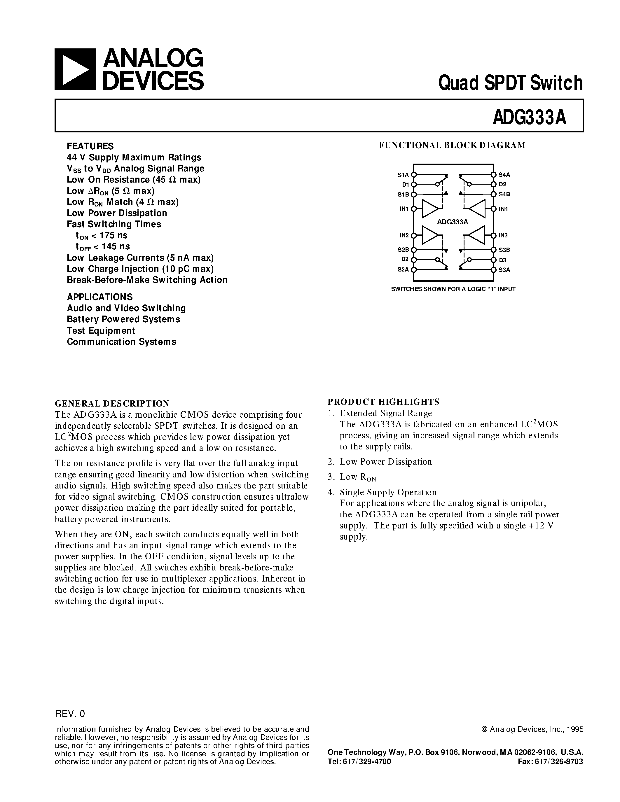 Даташит ADG333ABR - Quad SPDT Switch страница 1