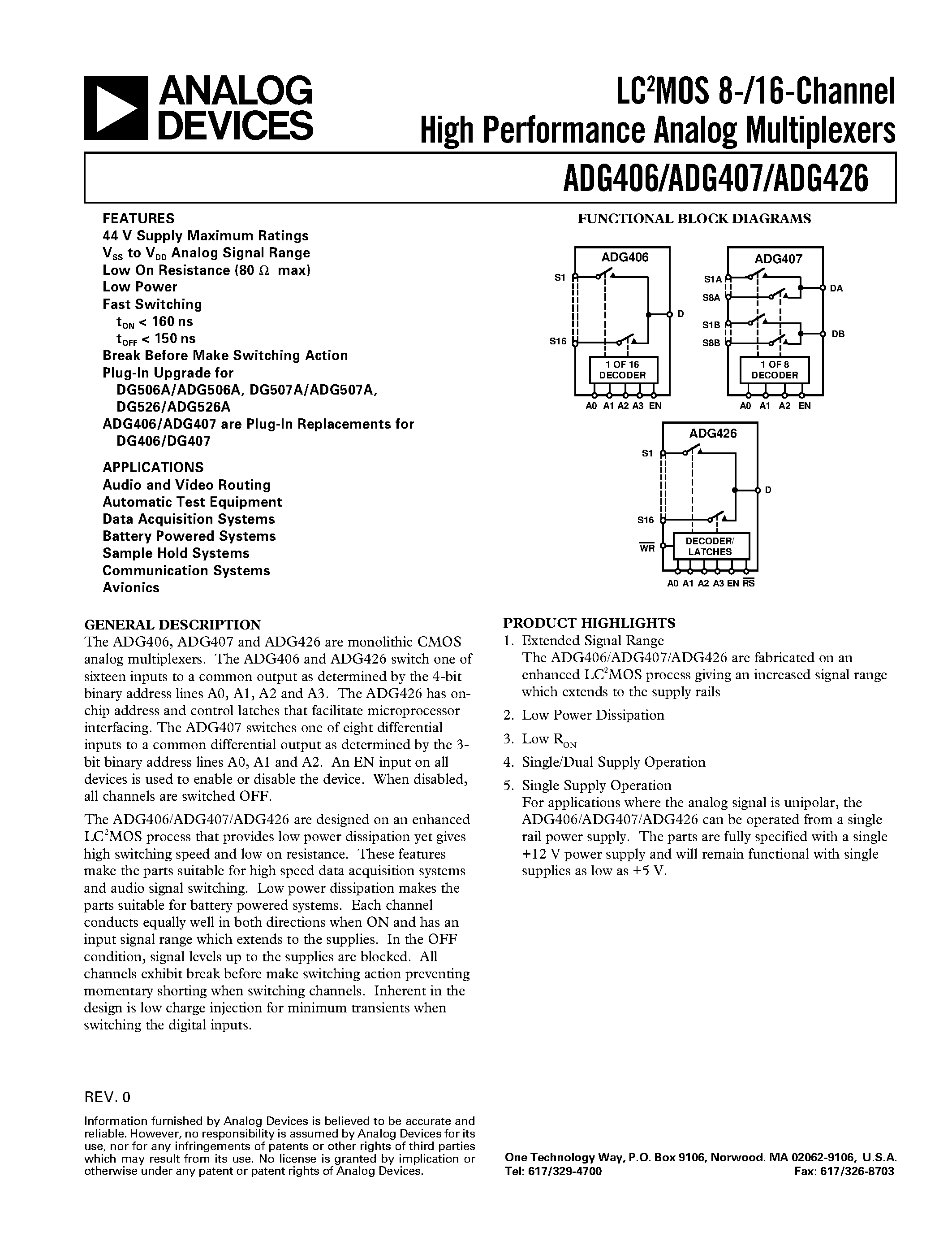 Даташит ADG406 - LC2MOS 8-/16-Channel High Performance Analog Multiplexers страница 1