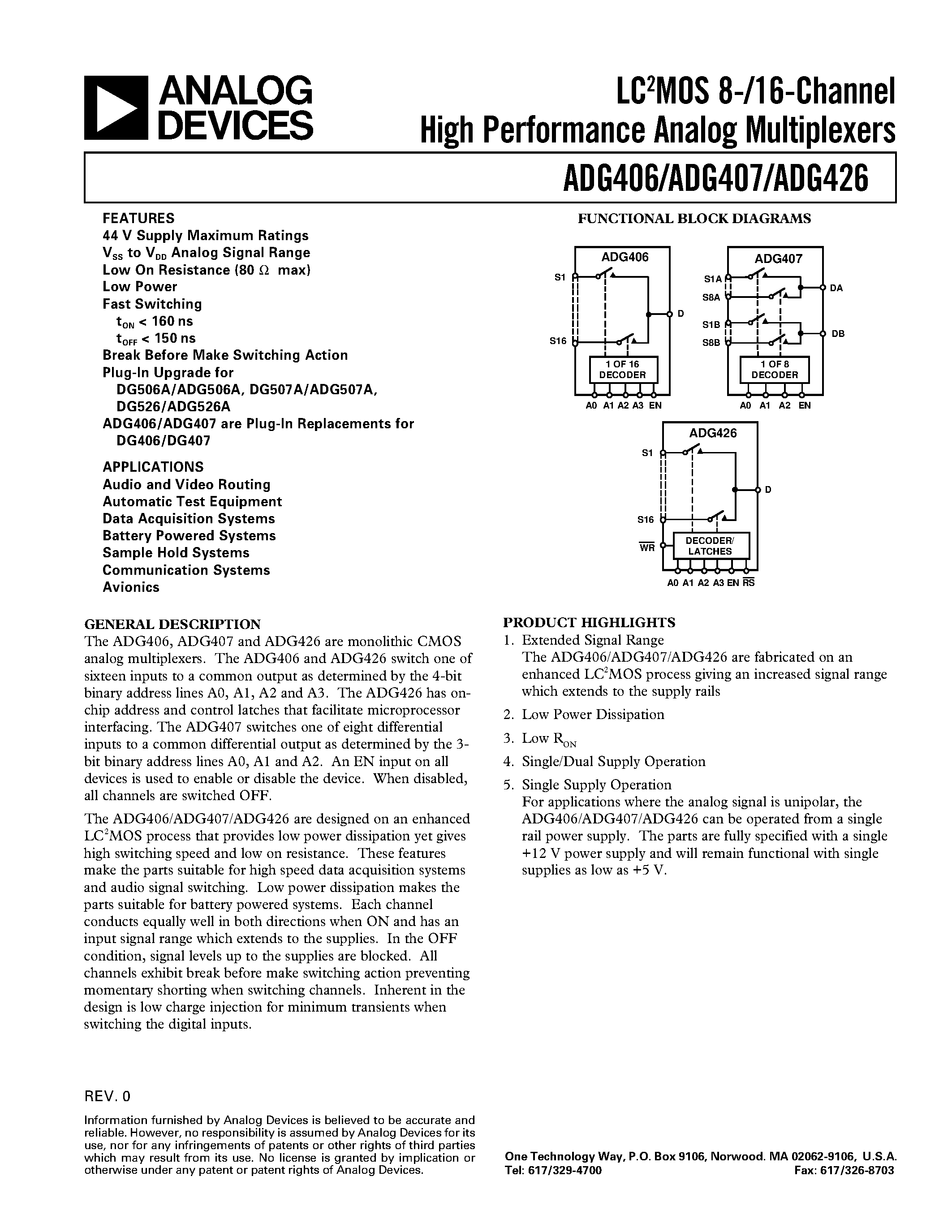 Datasheet ADG406BN page 1 Datasheet ADG406BN - LC2MOS 8-/16-Channel High Performance Analog Multiplexers page 1