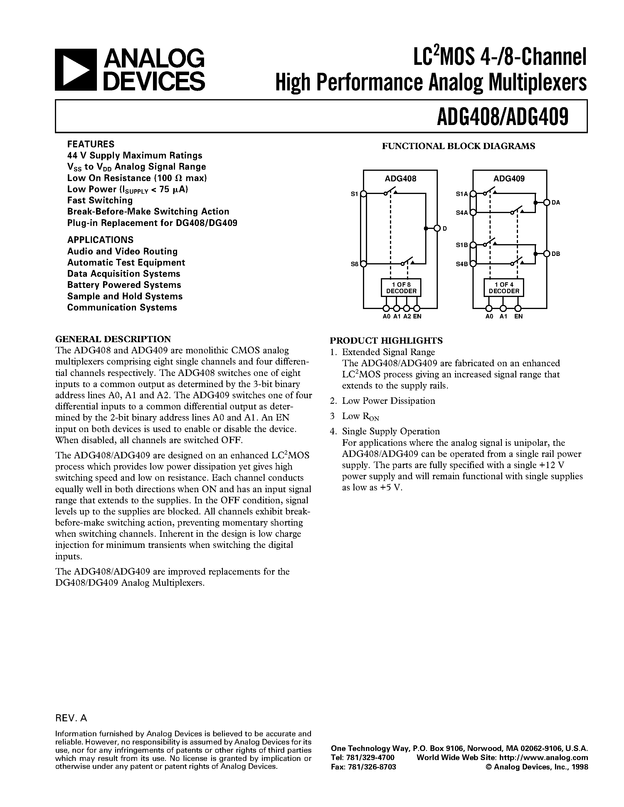 Datasheet ADG409BR page 1 Datasheet ADG409BR - LC2MOS 4-/8-Channel High Performance Analog Multiplexers page 1