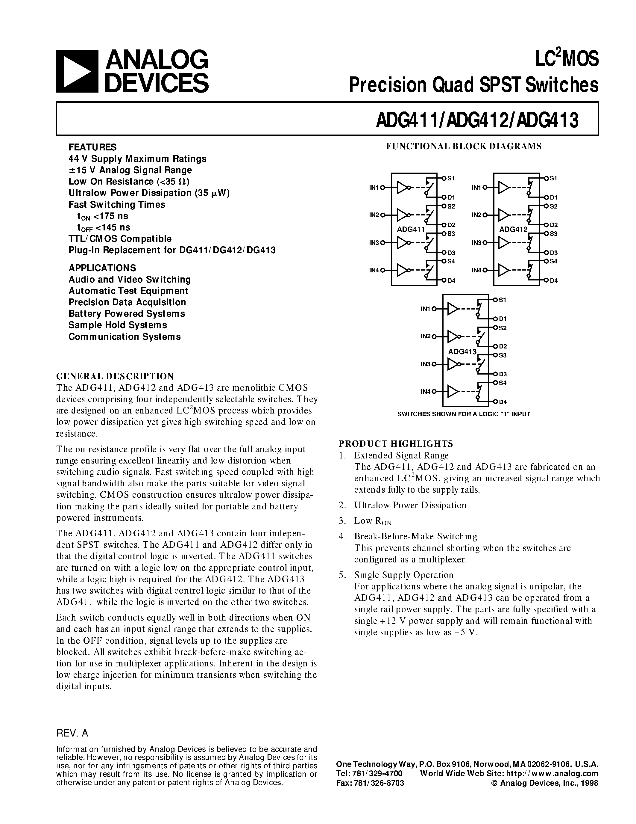 Даташит ADG412 - LC2MOS Precision Quad SPST Switches страница 1
