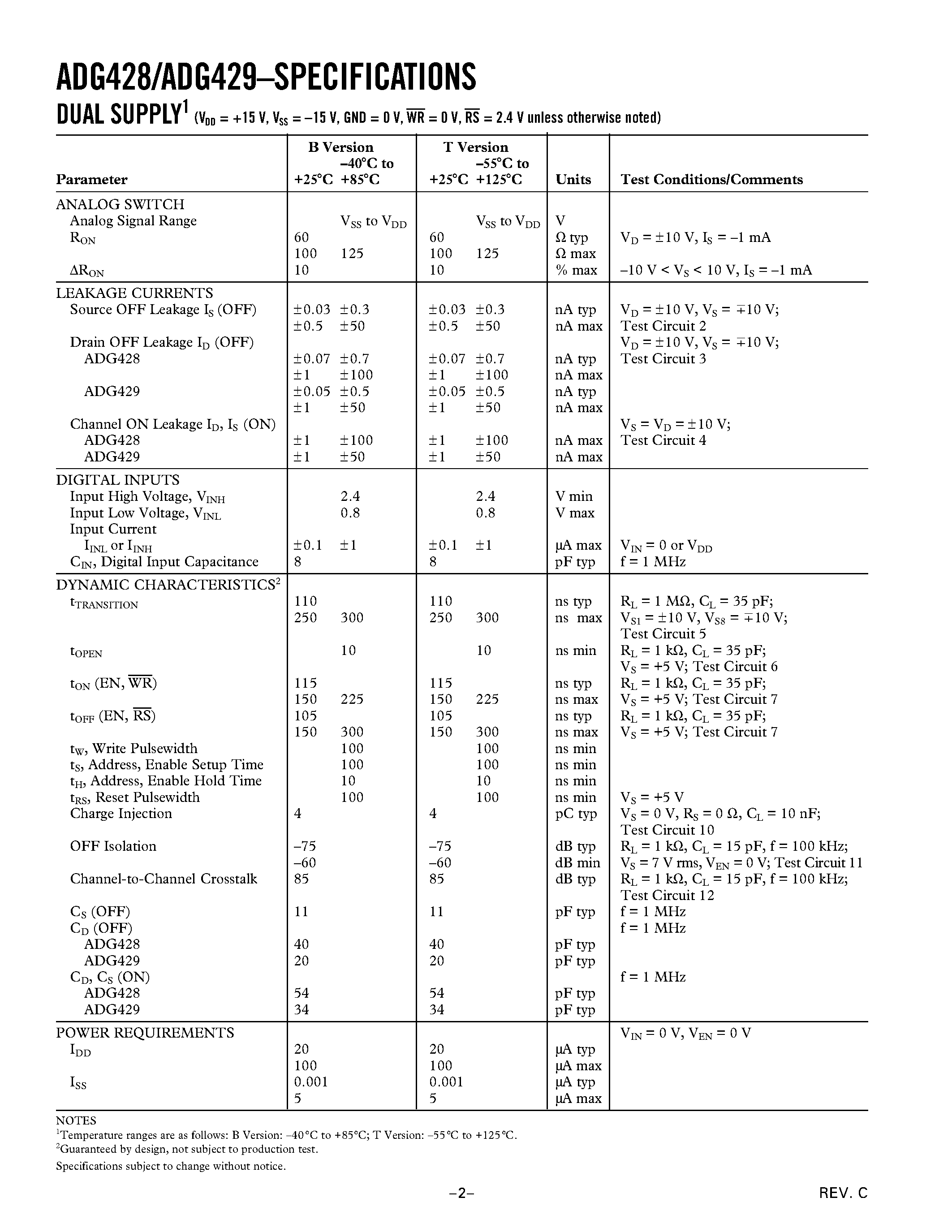 Datasheet ADG428BN page 2 Datasheet ADG428BN - LC2MOS Latchable 4-/8-Channel High Performance Analog Multiplexers page 2
