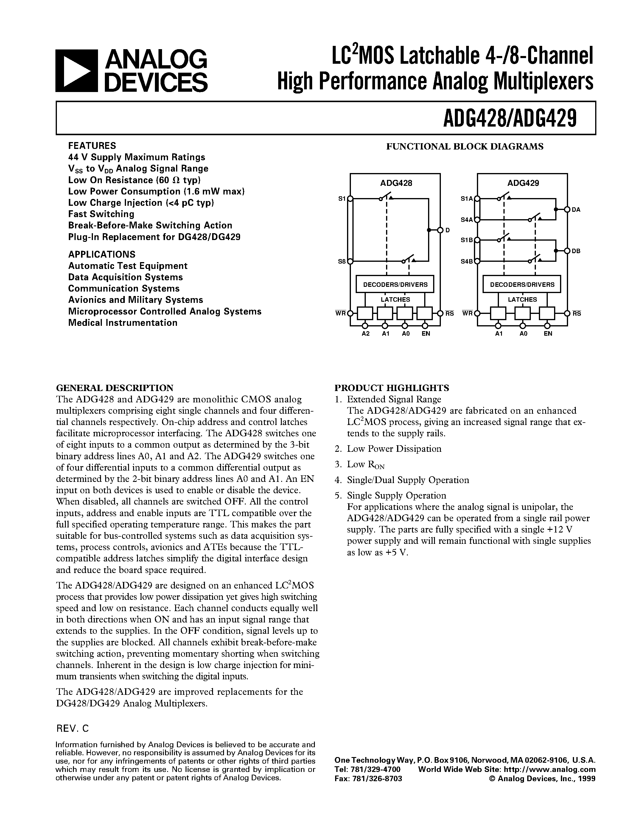 Даташит ADG429 - LC2MOS Latchable 4-/8-Channel High Performance Analog Multiplexers страница 1