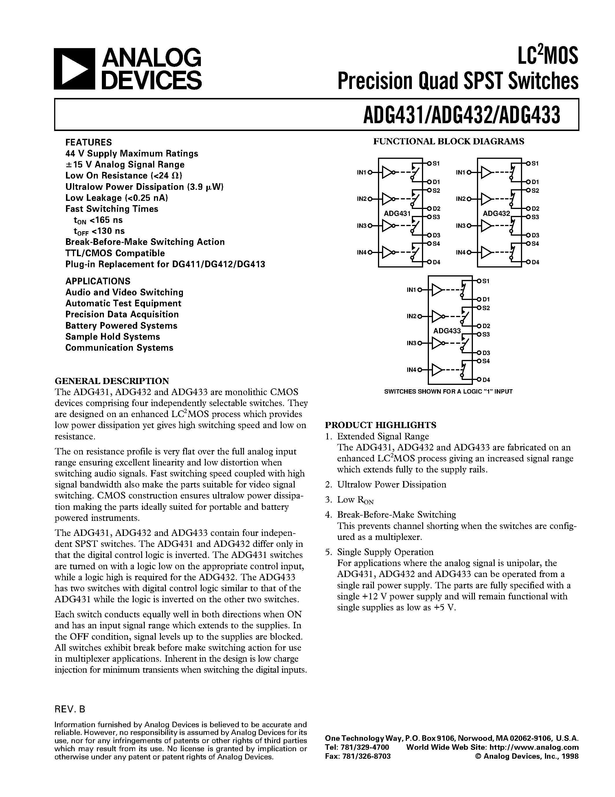 Datasheet ADG432TQ - LC2MOS Precision Quad SPST Switches page 1
