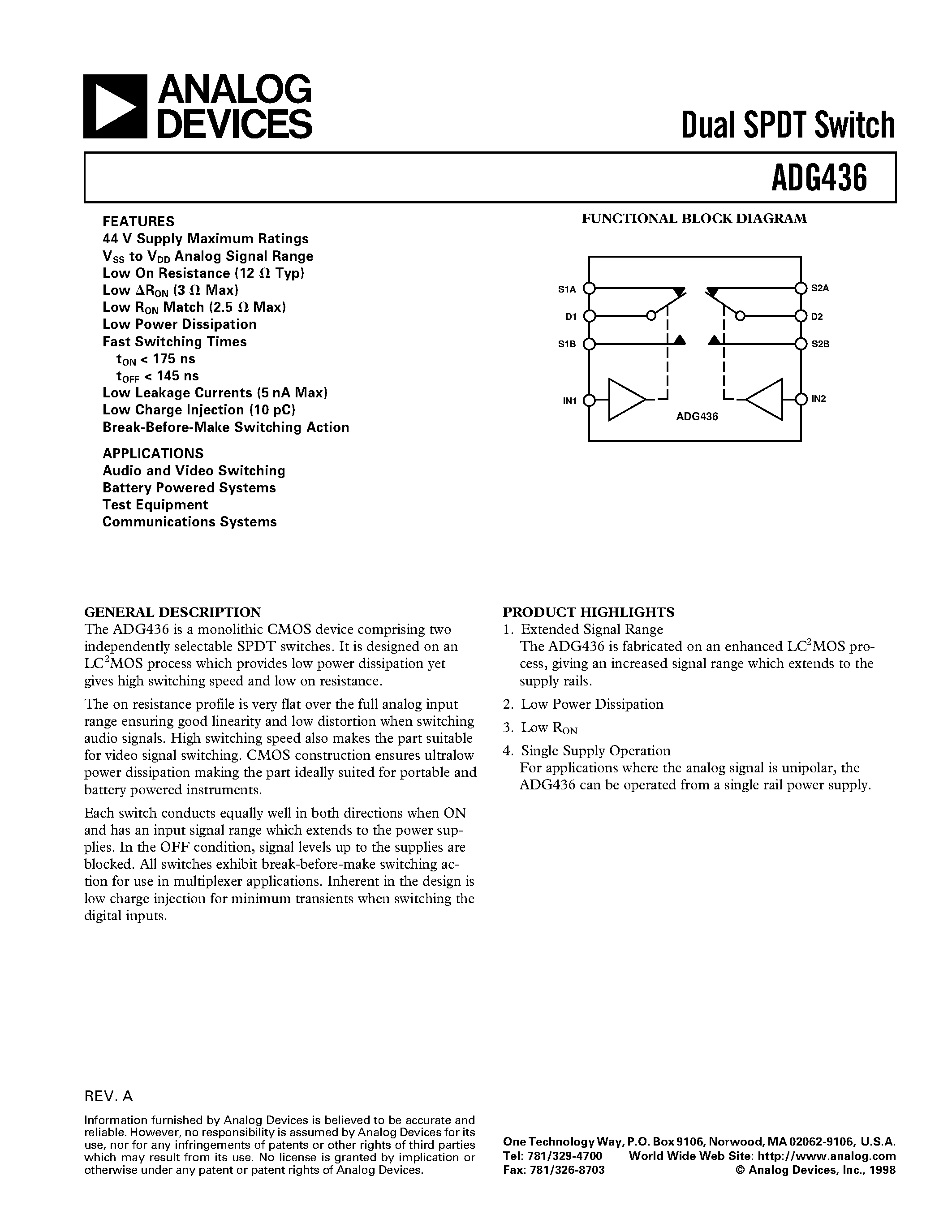 Даташит на микросхему ADG436BR страница 1 Даташит ADG436BR - Dual SPDT Switch страница 1