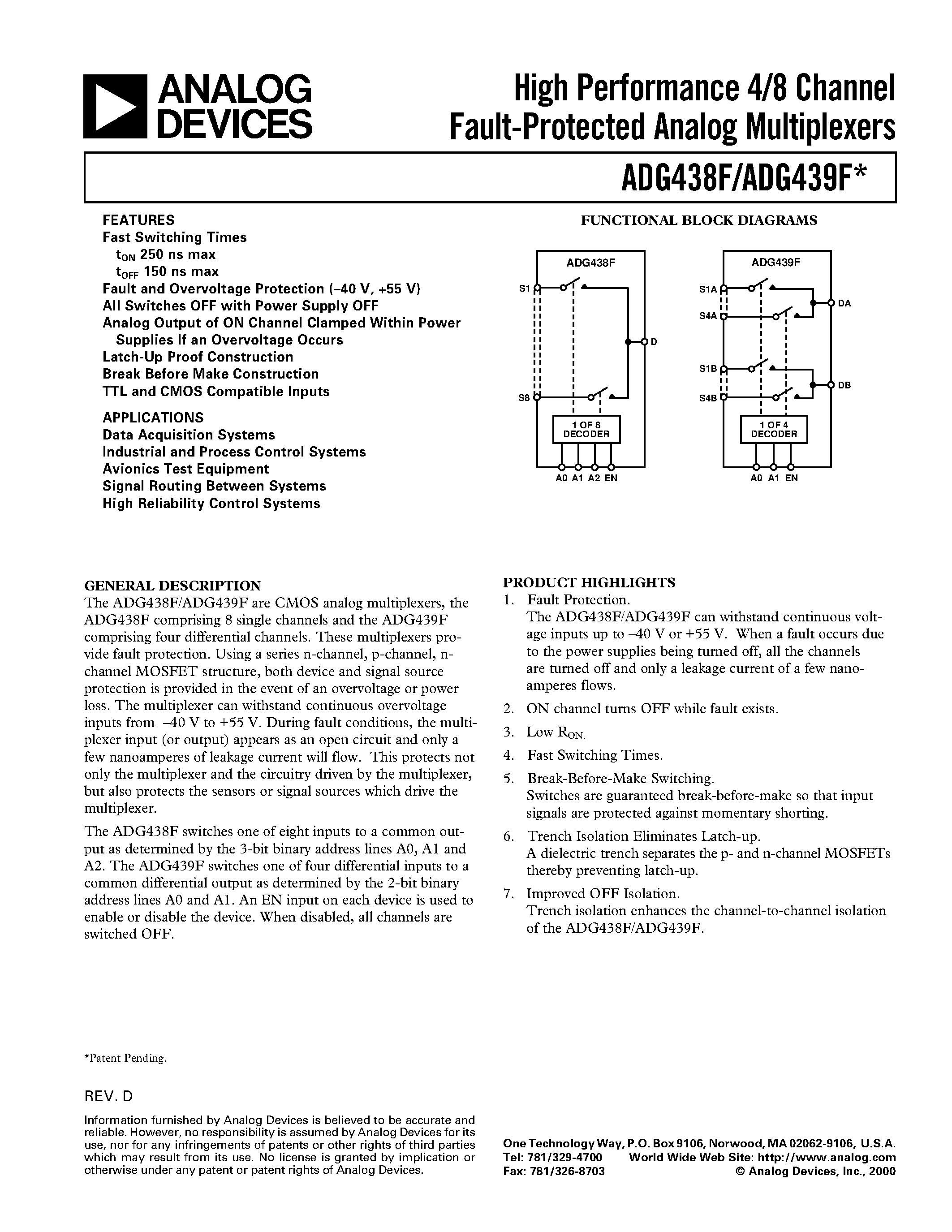 Datasheet ADG439FBR - High Performance 4/8 Channel Fault-Protected Analog Multiplexers page 1