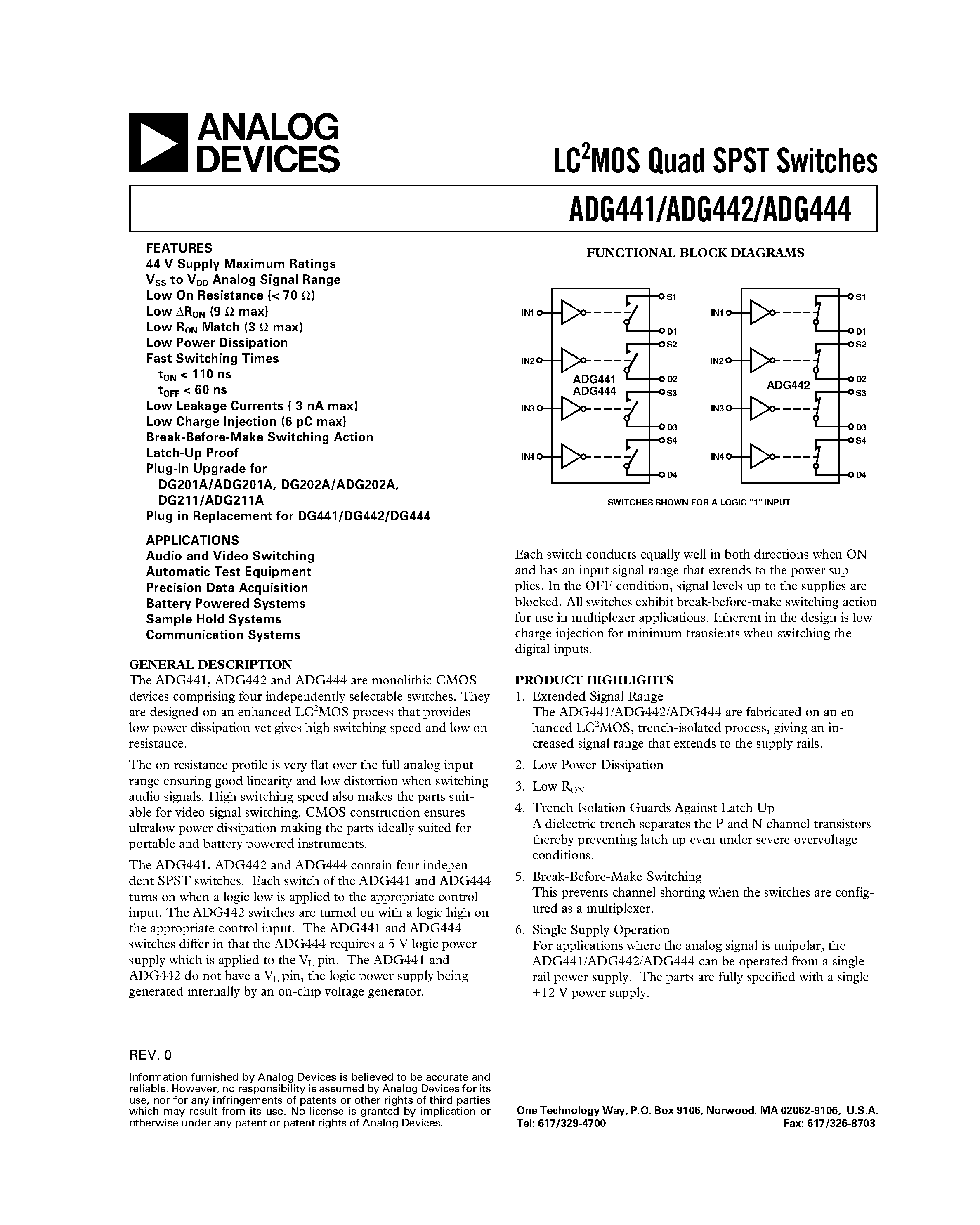 Datasheet ADG442BR - LC2MOS Quad SPST Switches page 1