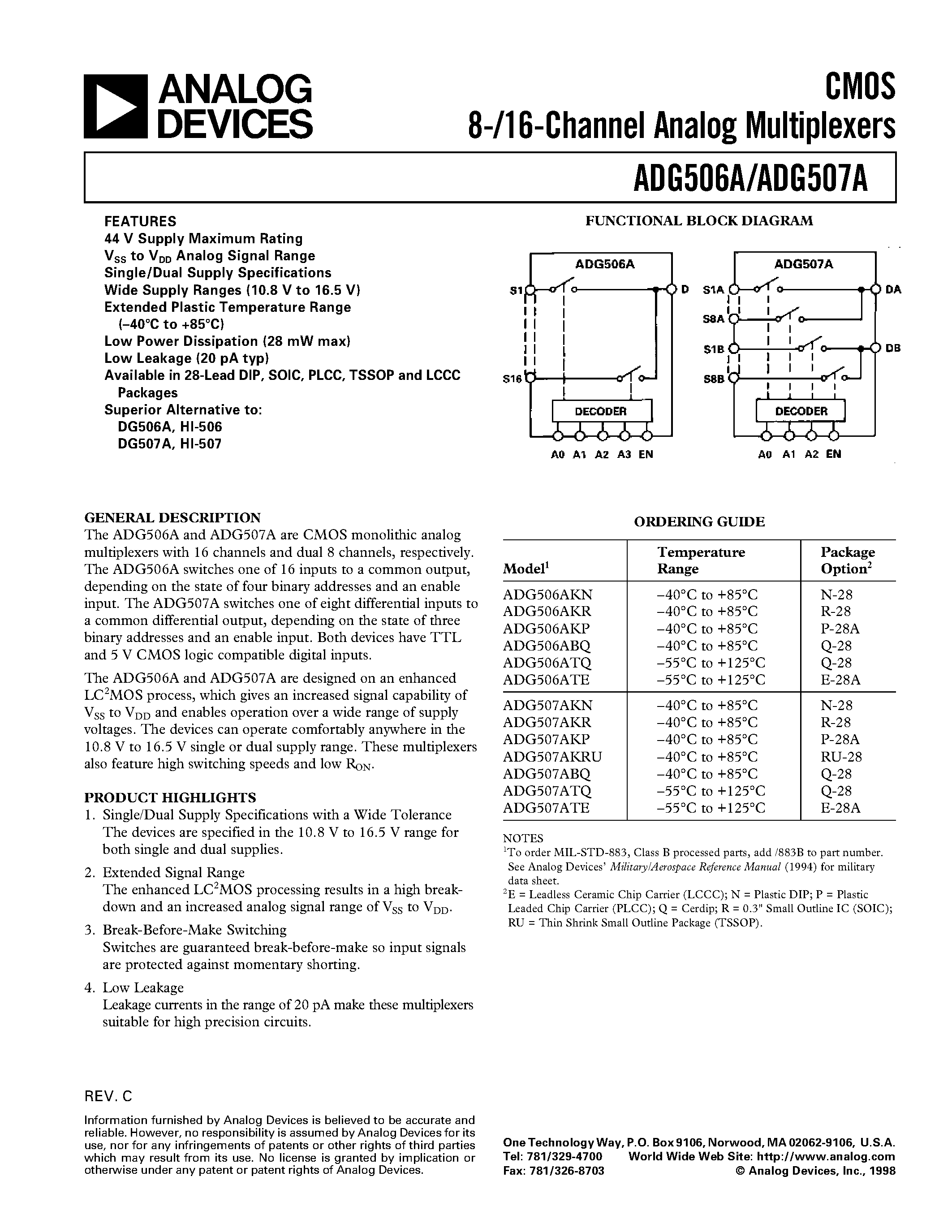 Даташит на микросхему ADG506AKN страница 1 Даташит ADG506AKN - CMOS 8-/16-Channel Analog Multiplexers страница 1