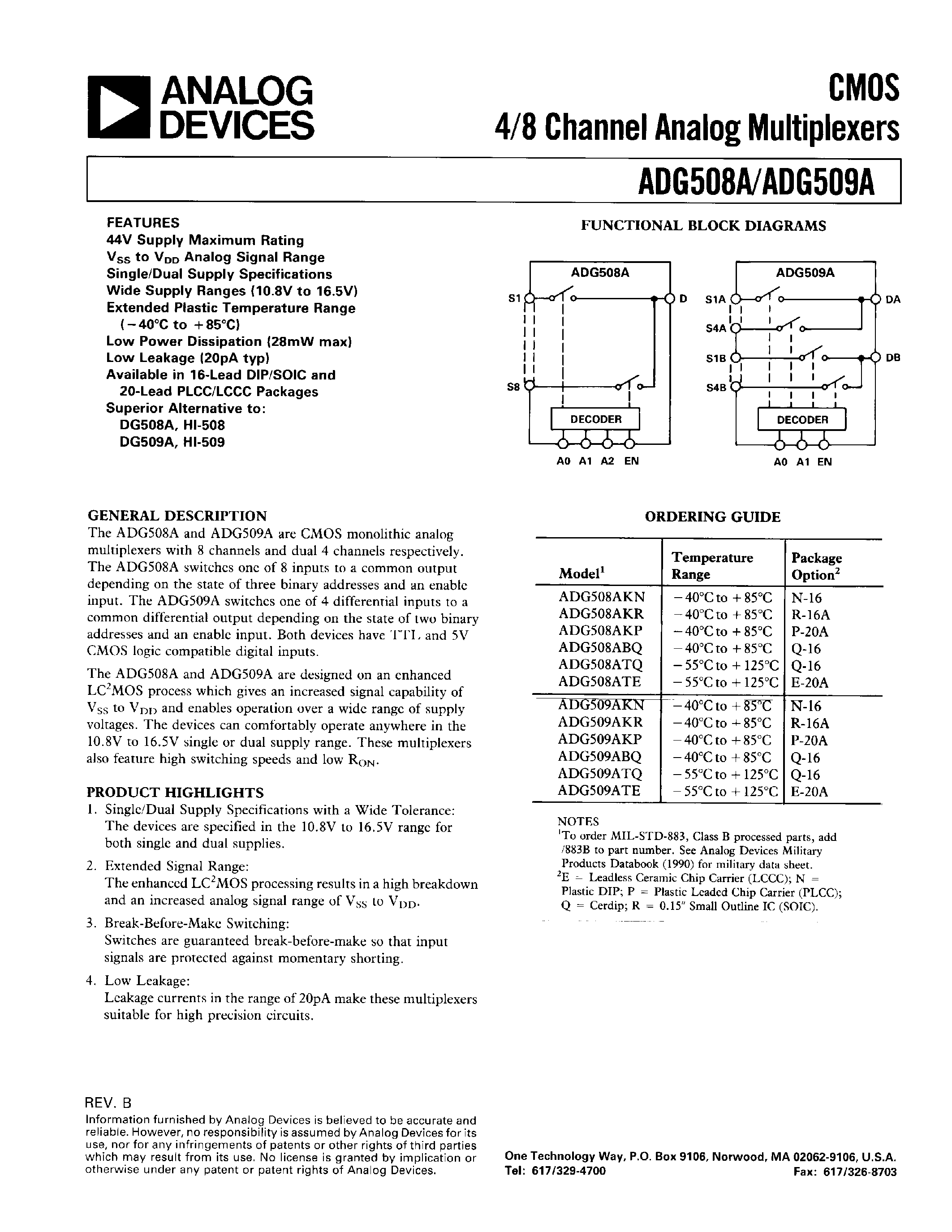 Datasheet ADG508ATQ - CMOS 4/8 CHAANNEL ANALOG MULTIPLEXERS page 1